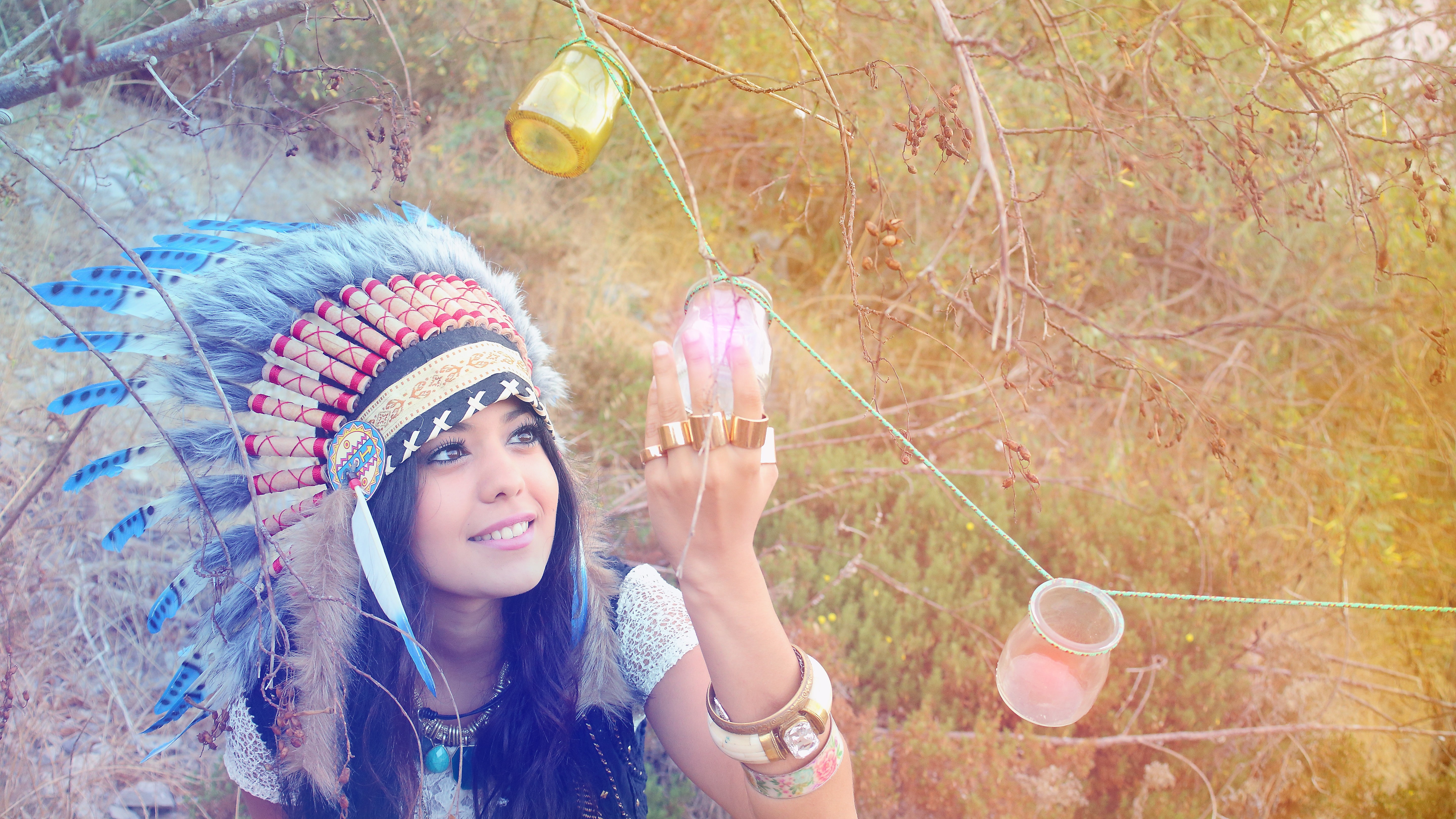 headdress, smiling, 5K, women, bracelets, model, women outdoors, jars, feathers, HD Wallpaper
