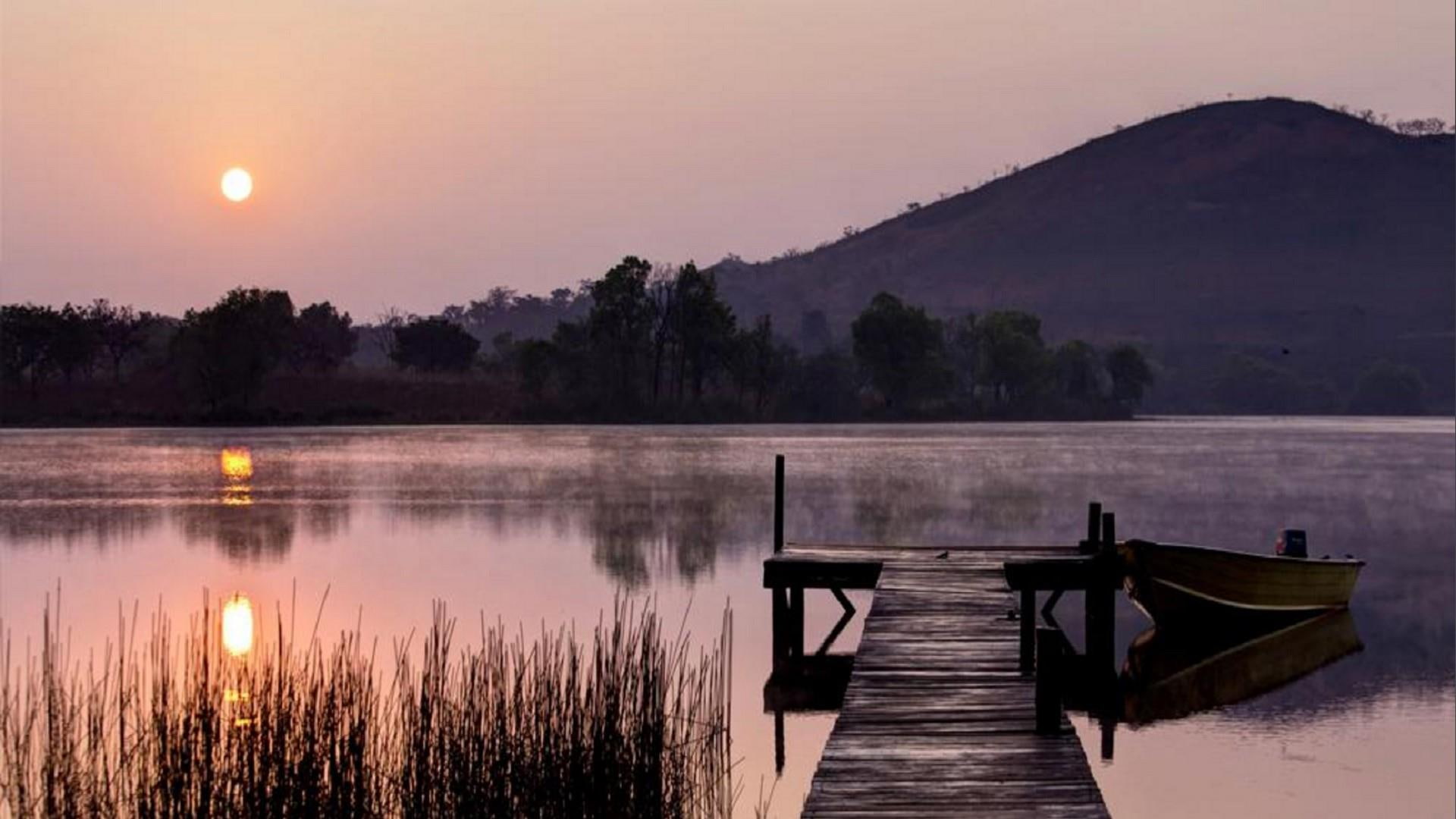 lake, reflection, pier, reeds, boat, reflect, sunset, 1080P, HD Wallpaper