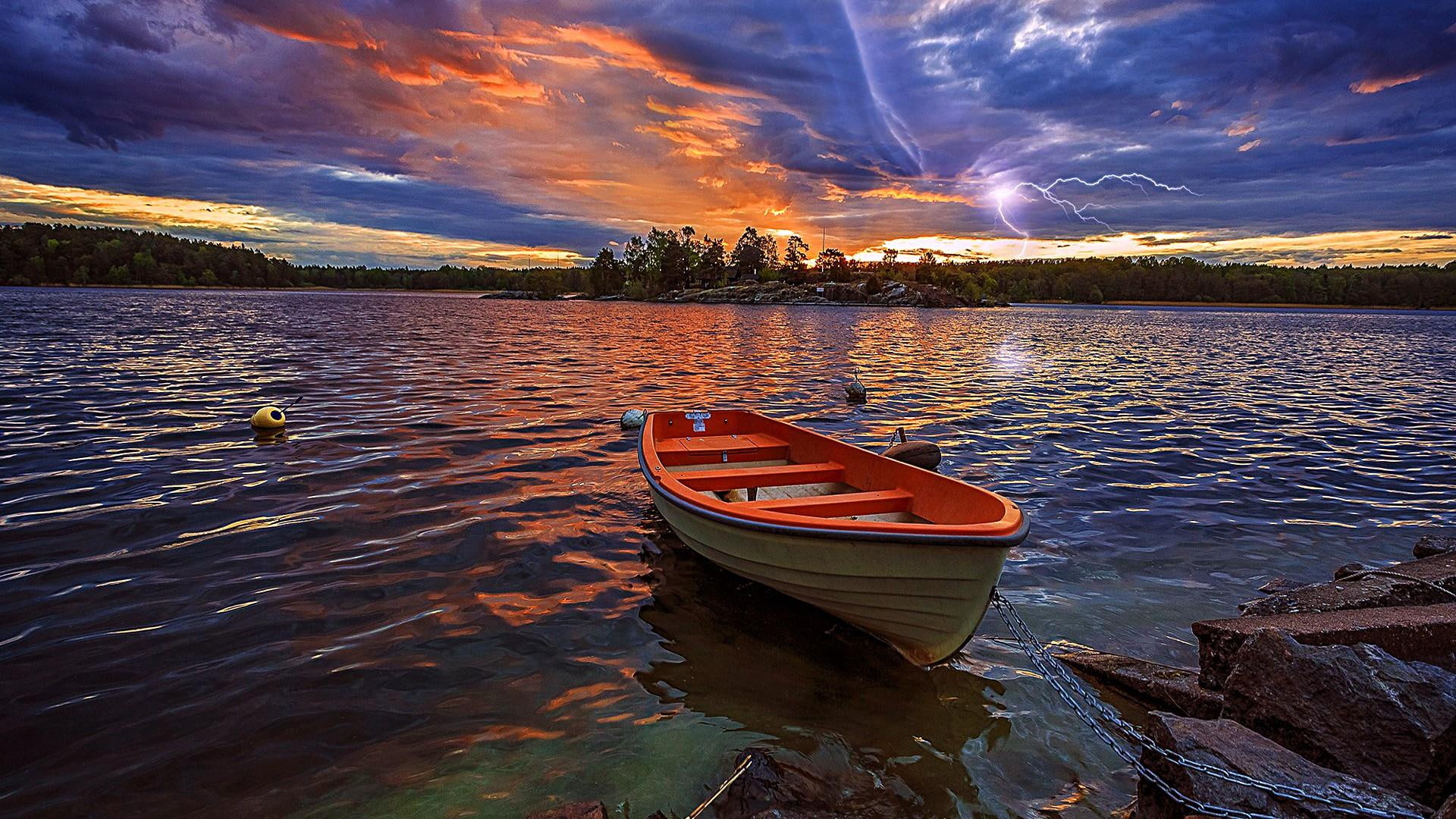 lake, lightning, 1080P, boat, sunset, HD Wallpaper