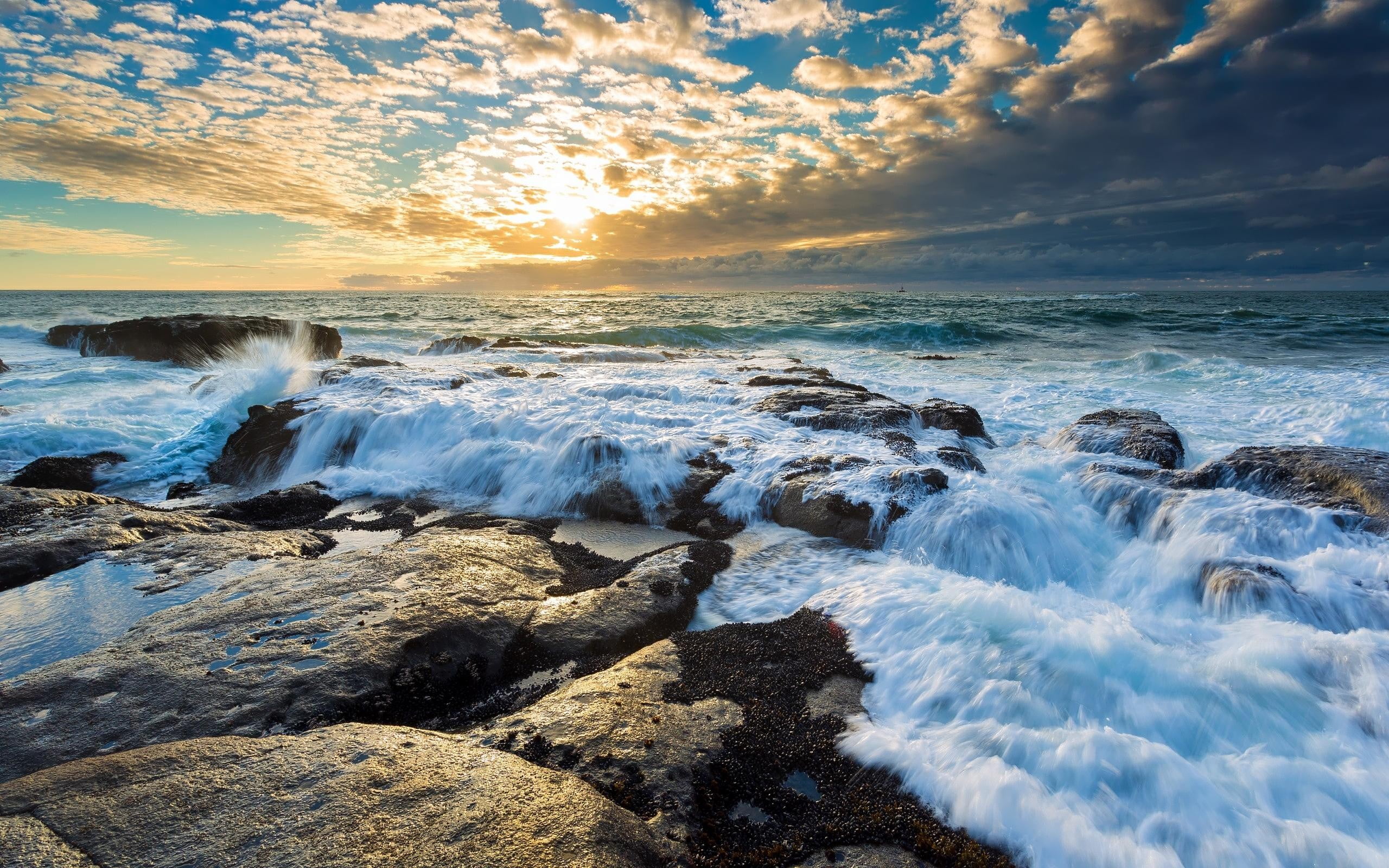 flowing water, white, water, horizon over water, blue, rock, sky, tranquil scene, beach, rock - object, sea, solid, motion, no people, abstract, power in nature, HD Wallpaper