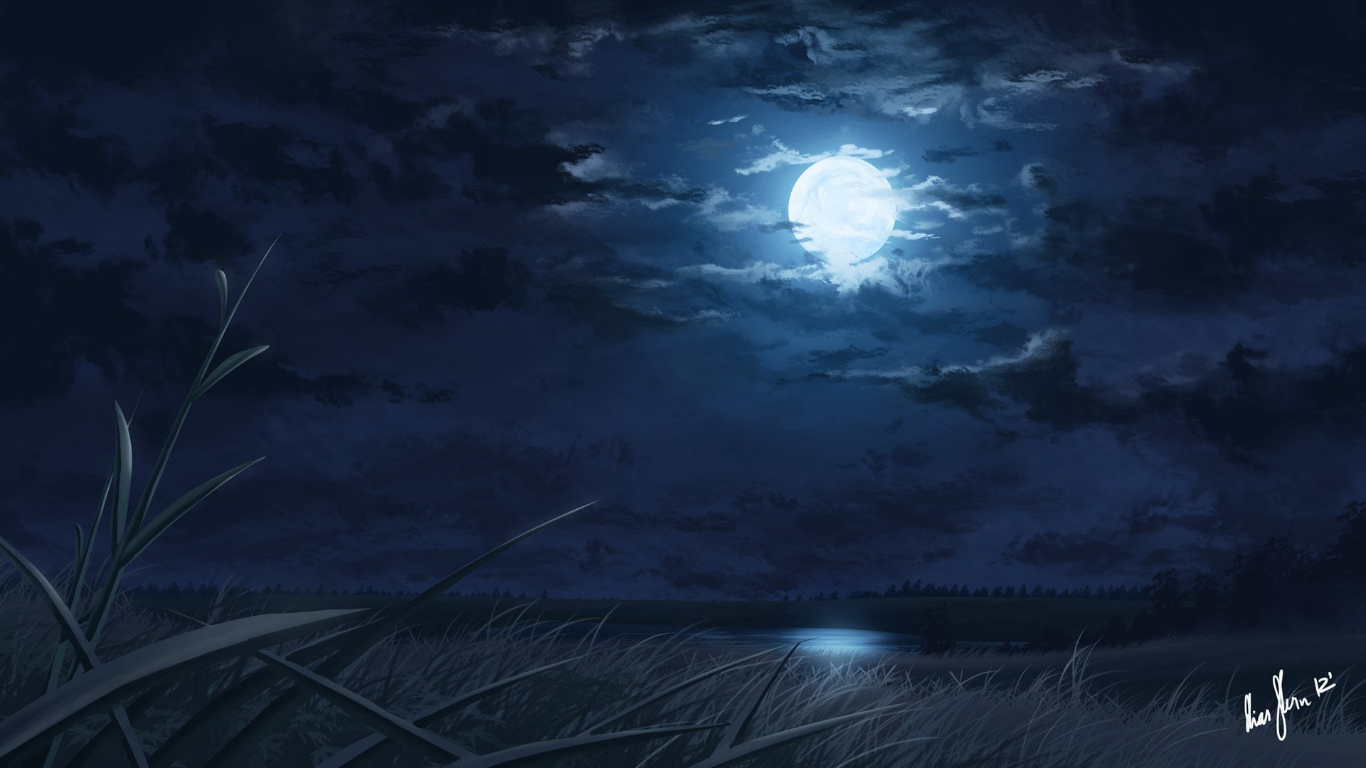 digital art, Reeds, 1080P, night, Moon, lake, moonlight, landscape, HD Wallpaper