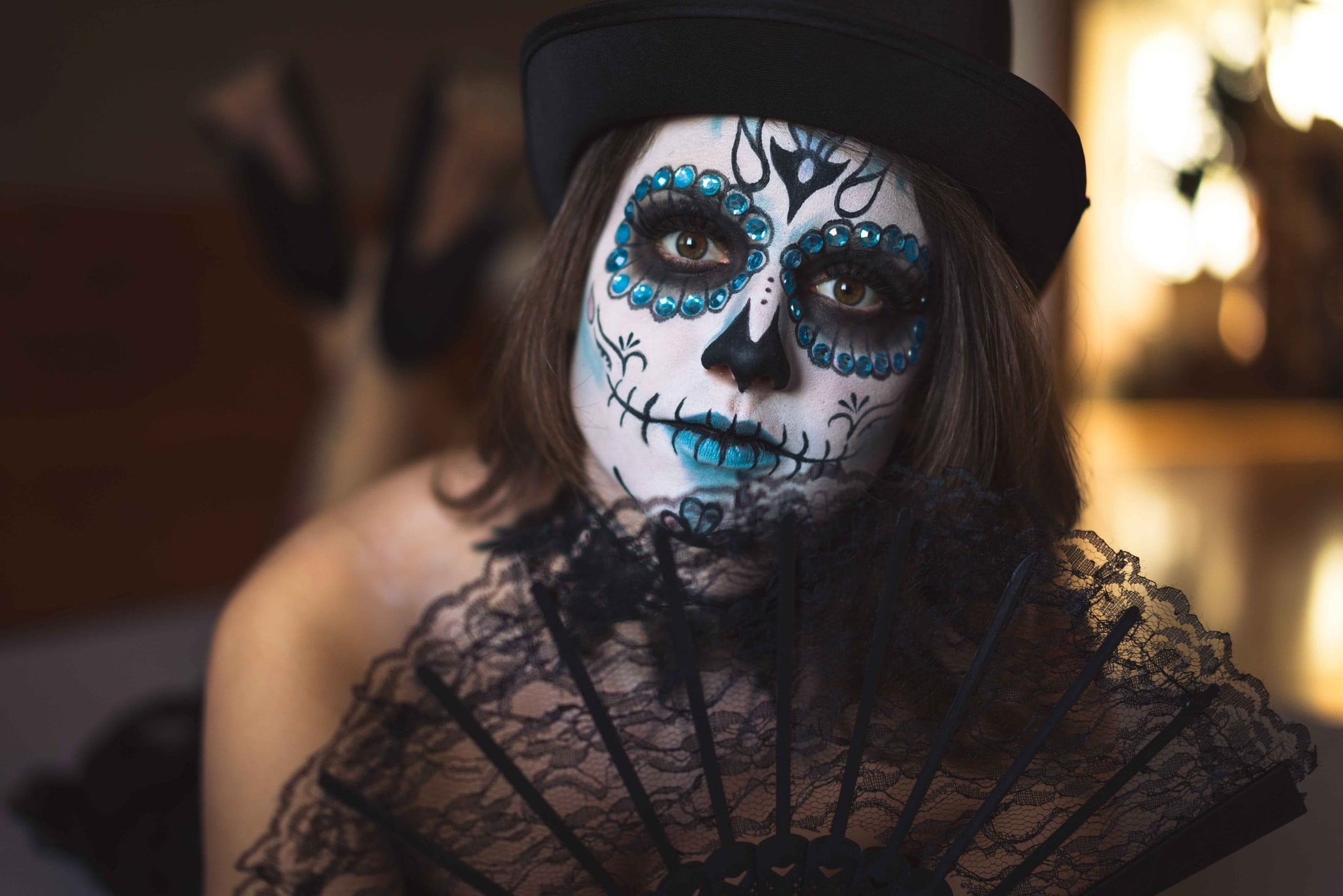 makeup, halloween, headshot, paint, brunette, spooky, Dia de los Muertos, horror, young women, 1080P, young adult, looking at camera, one person, costume, HD Wallpaper