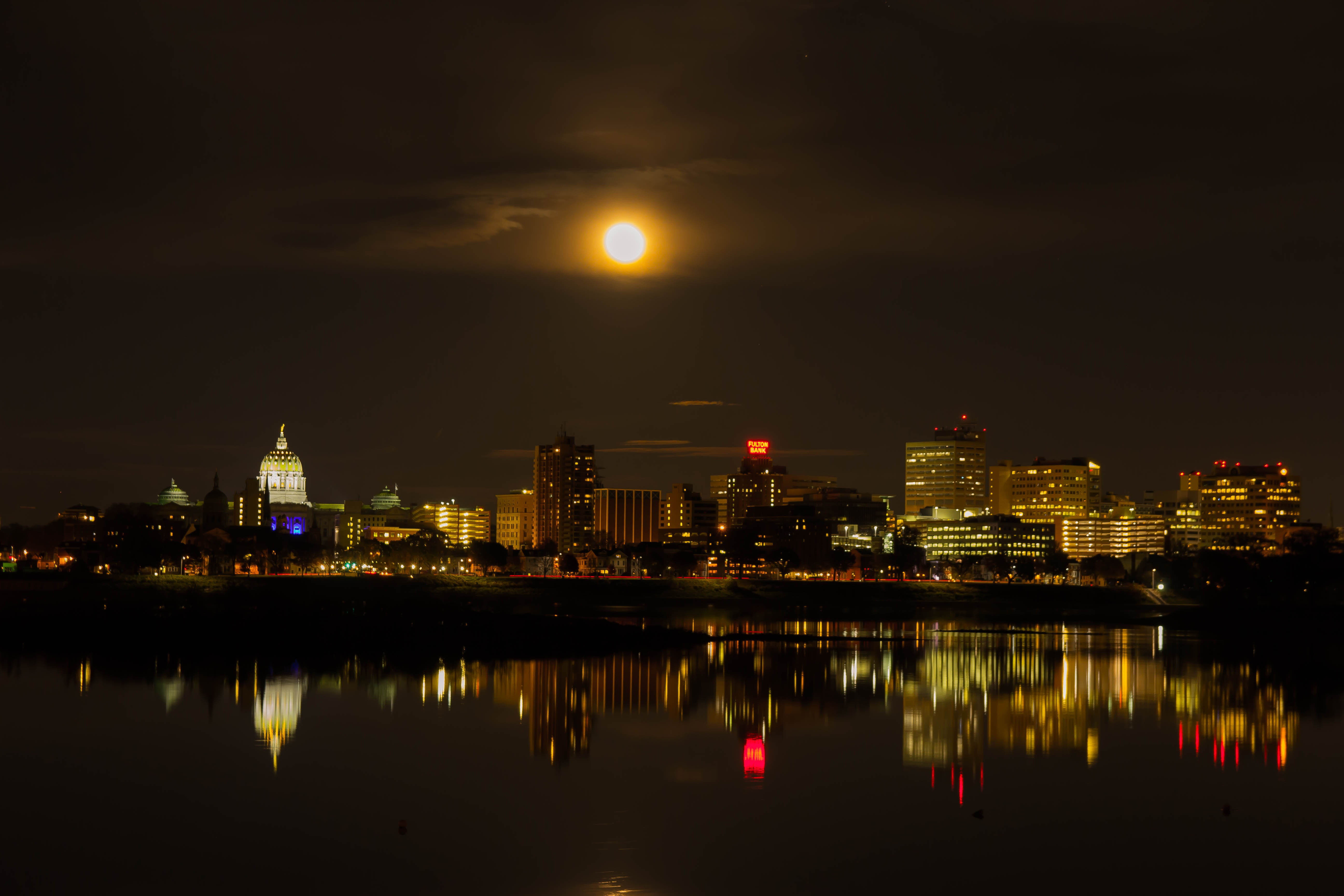 full moon, skyline, super, tall - high, near, waterfront, buildings, reflection, office building exterior, body, sky, skyscraper, no people, water, moonlight, HD Wallpaper