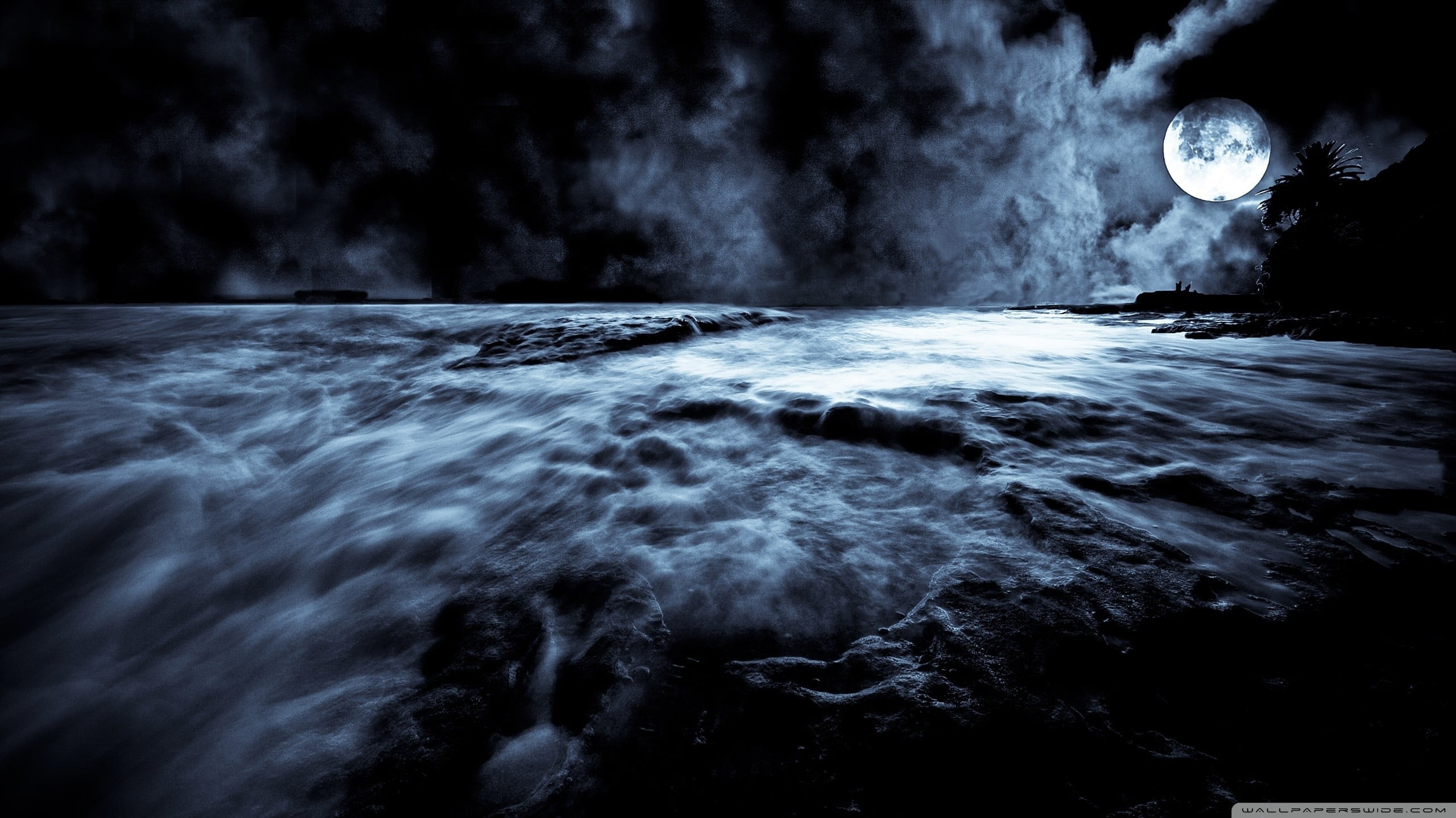 power in nature, astronomy, motion, Moon, digital art, beauty in nature, sky, sea, space, waterfront, no people, full, flowing water, moonlight, grayscale, HD Wallpaper