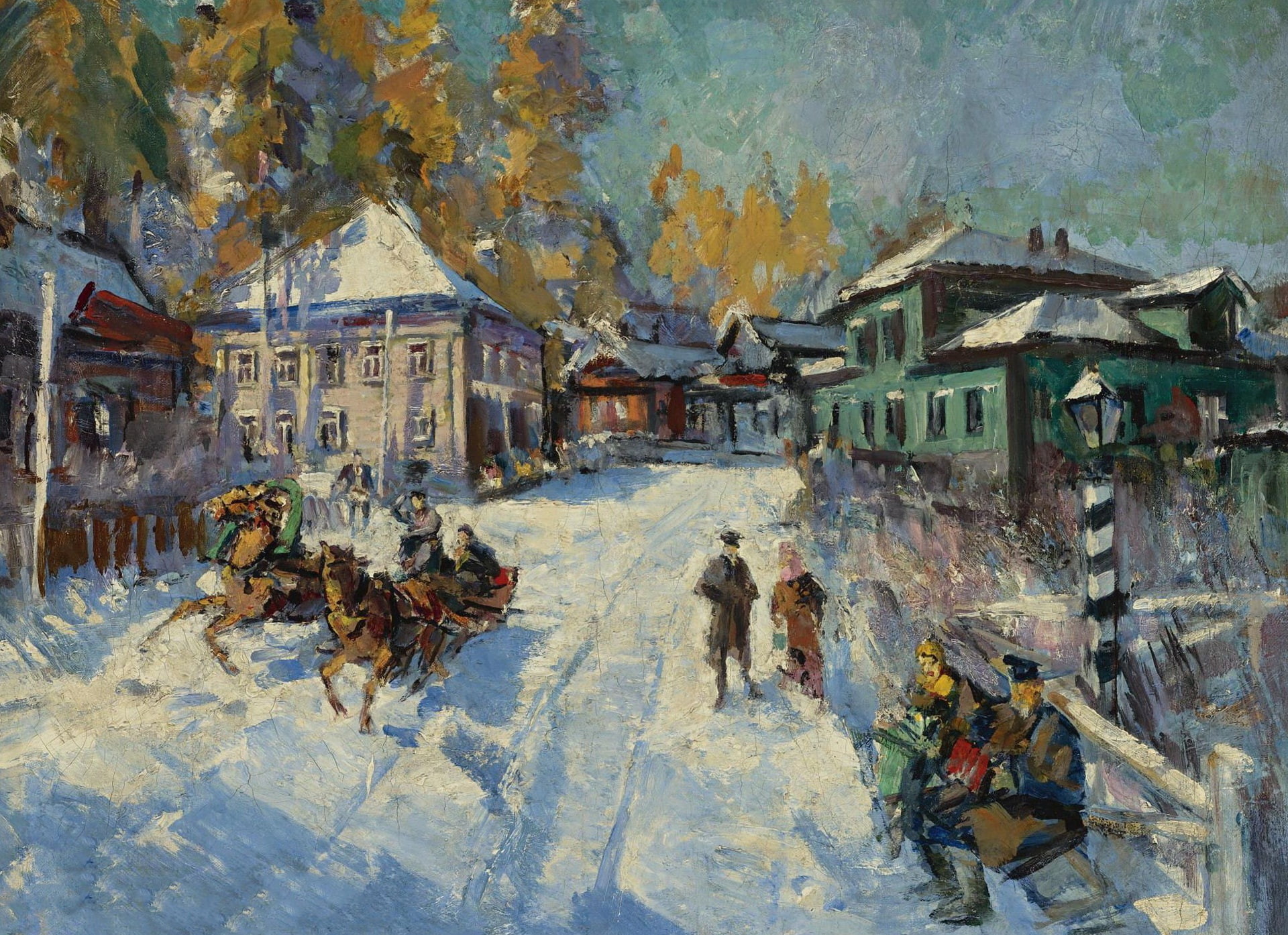 1080P, landscape, sleigh, snow, Konstantin Korovin, street, house, Russian Winter, picture, HD Wallpaper