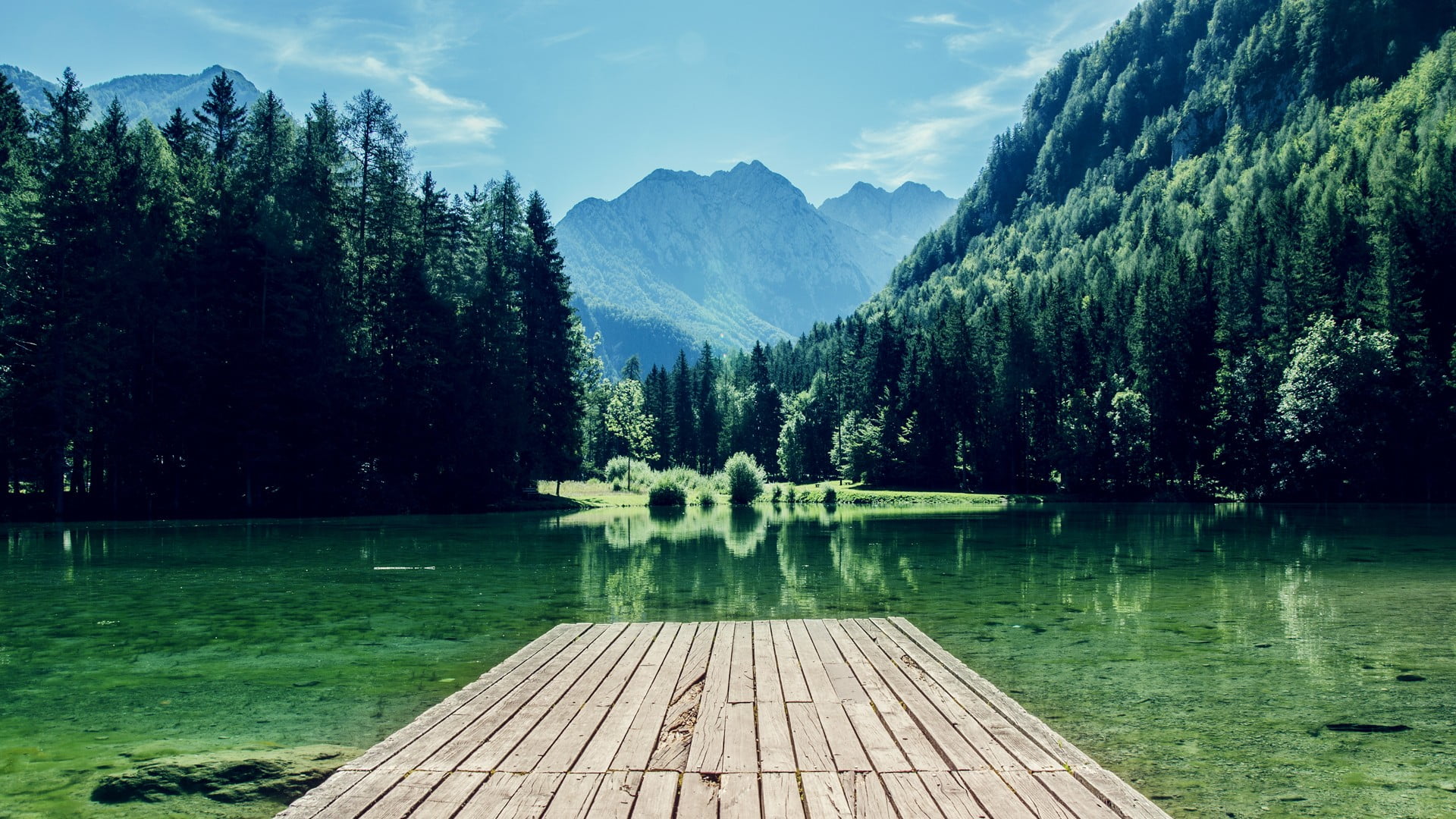 day, pier, growth, dock, non-urban scene, 1080P, reflection, wooden, tranquil scene, beauty in nature, sky, no people, idyllic, mountains, tree, wood - material, HD Wallpaper