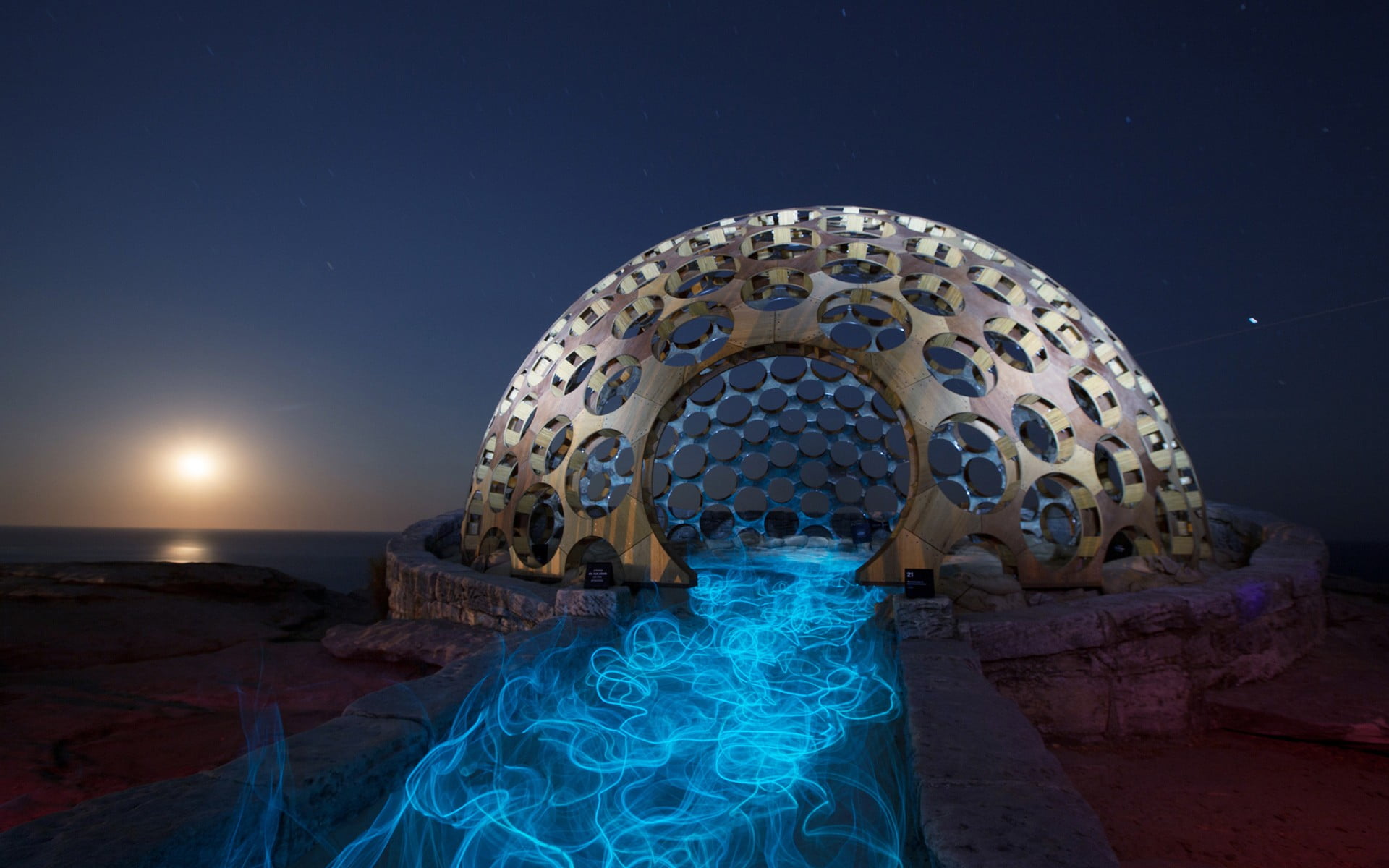 architecture, stars, moonlight, blue, outdoors, sky, Moon, sea, religion, modern, spirituality, illuminated, circle, sphere, 1080P, stones, belief, temple, HD Wallpaper