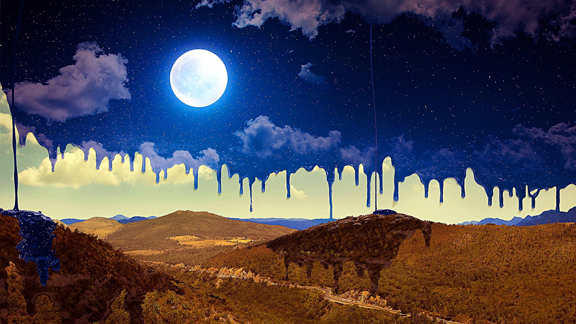 painting, landscape, 1080P, moon, horizon, sky, full moon, art, night, painting art, nature, atmosphere, moonlight, HD Wallpaper