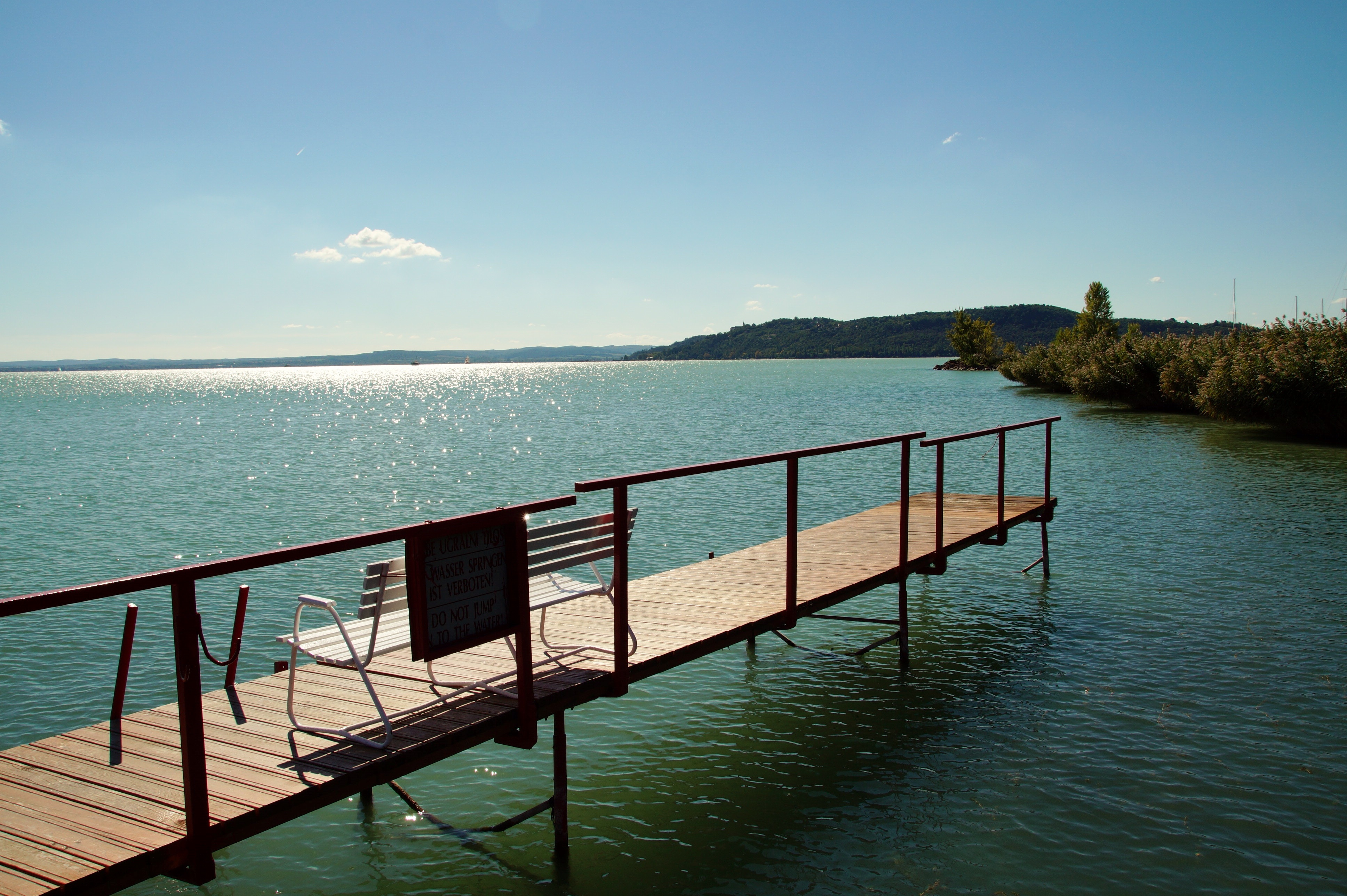 holidays, sky, lake, no people, sea, wood - material, pier, balaton, scenics - nature, horizon over water, bridge, horizon, beauty in nature, railing, bench, HD Wallpaper