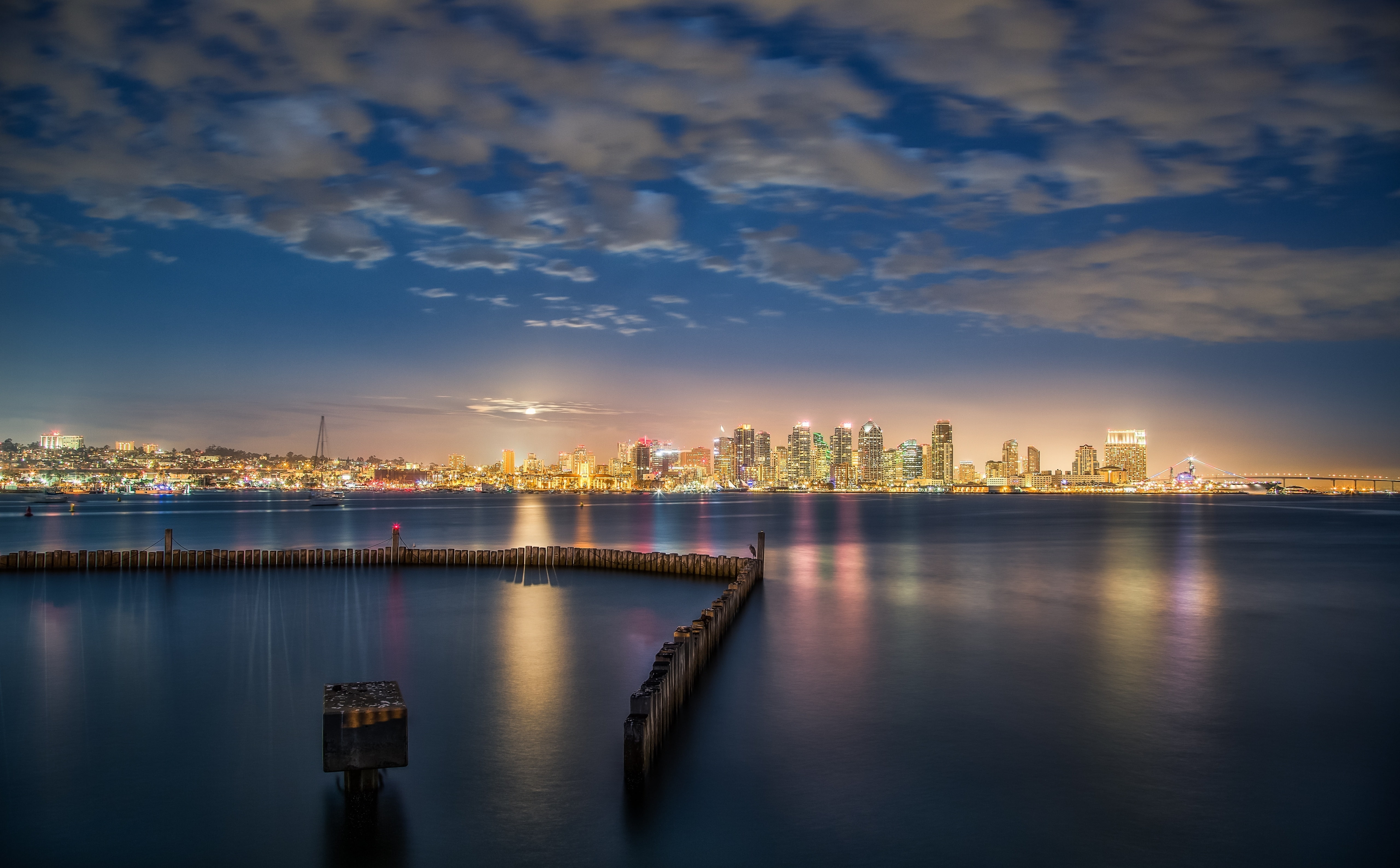 no people, outdoors, reflection, skyscraper, urban skyline, sky, sandiegobay, illuminated, Waterfront, bay, water, san, diego, 5K, body, Pacific, Ocean, HD Wallpaper