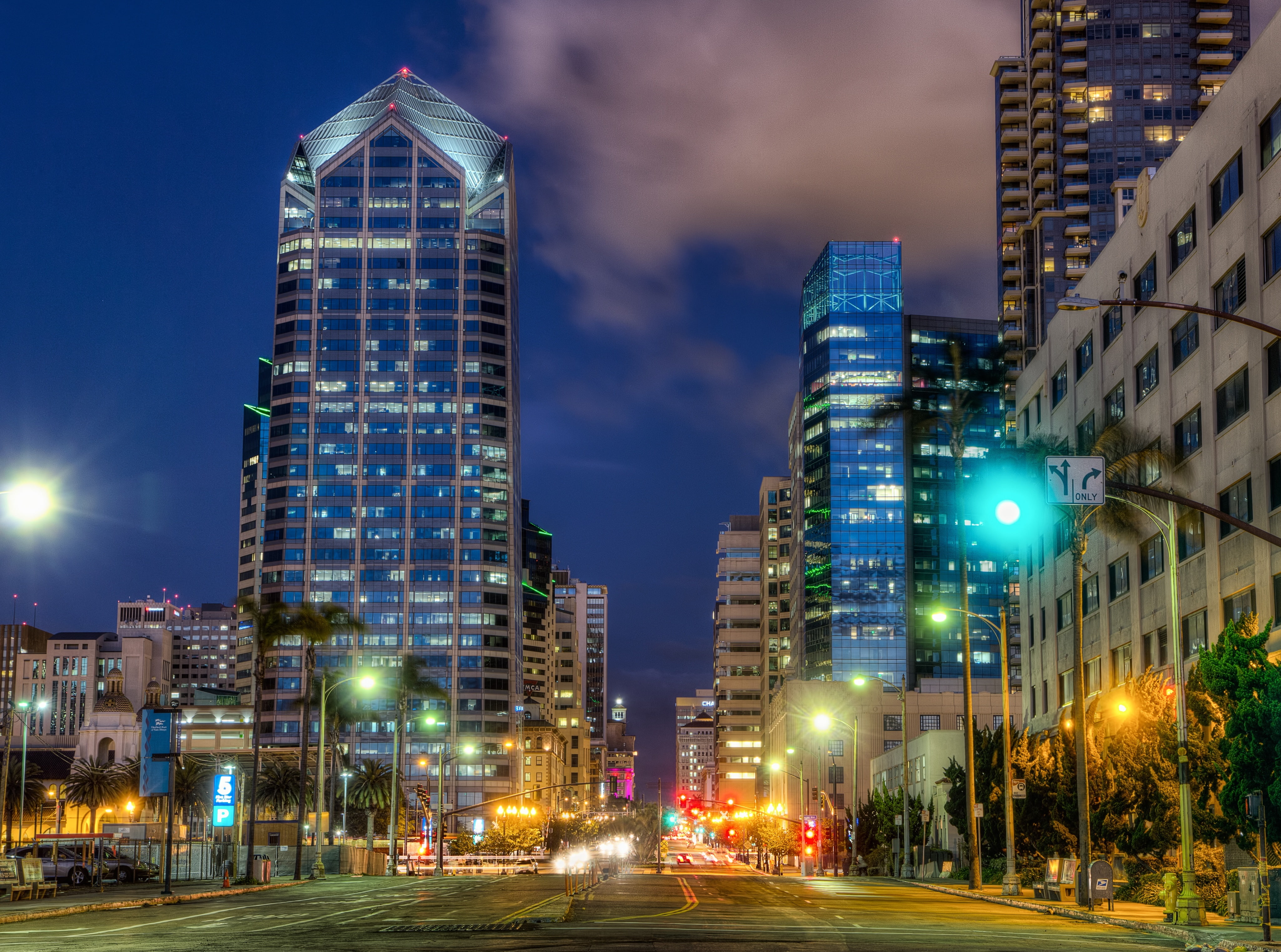 canon, California, Blue, canon60d, motion, sandiego, illuminated, Downtown, cloud - sky, Dusk, 4K, Buildings, Street, Cityscape, unitedstates, light, lights, HD Wallpaper