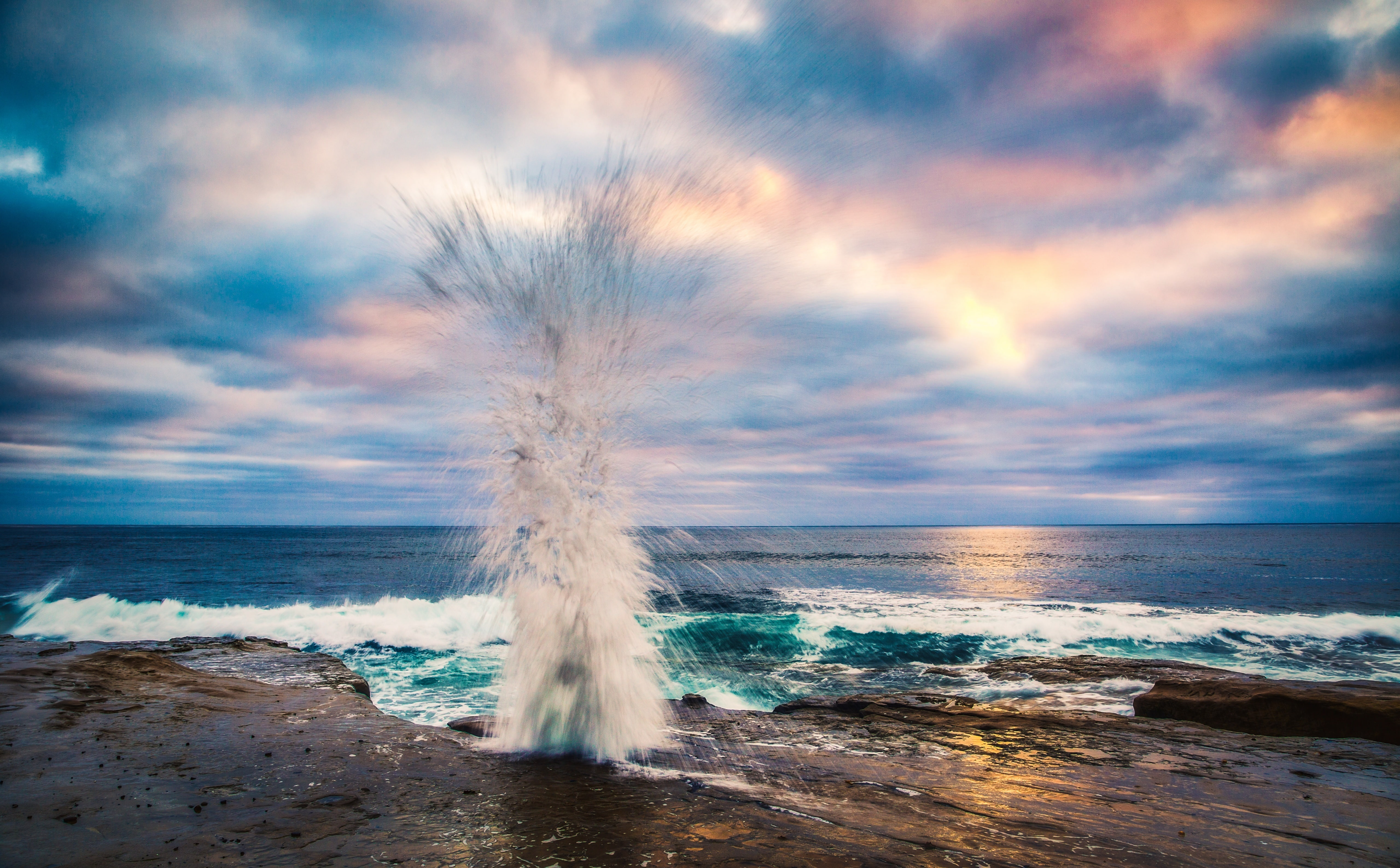 Color, Shore, sea, sky, Clouds, Dusk, Sunset, Colorful, Wave, cloud - sky, canon5d, Coast, lajolla, horizon over water, Rock, Ocean, non-urban scene, Cloudy, HD Wallpaper