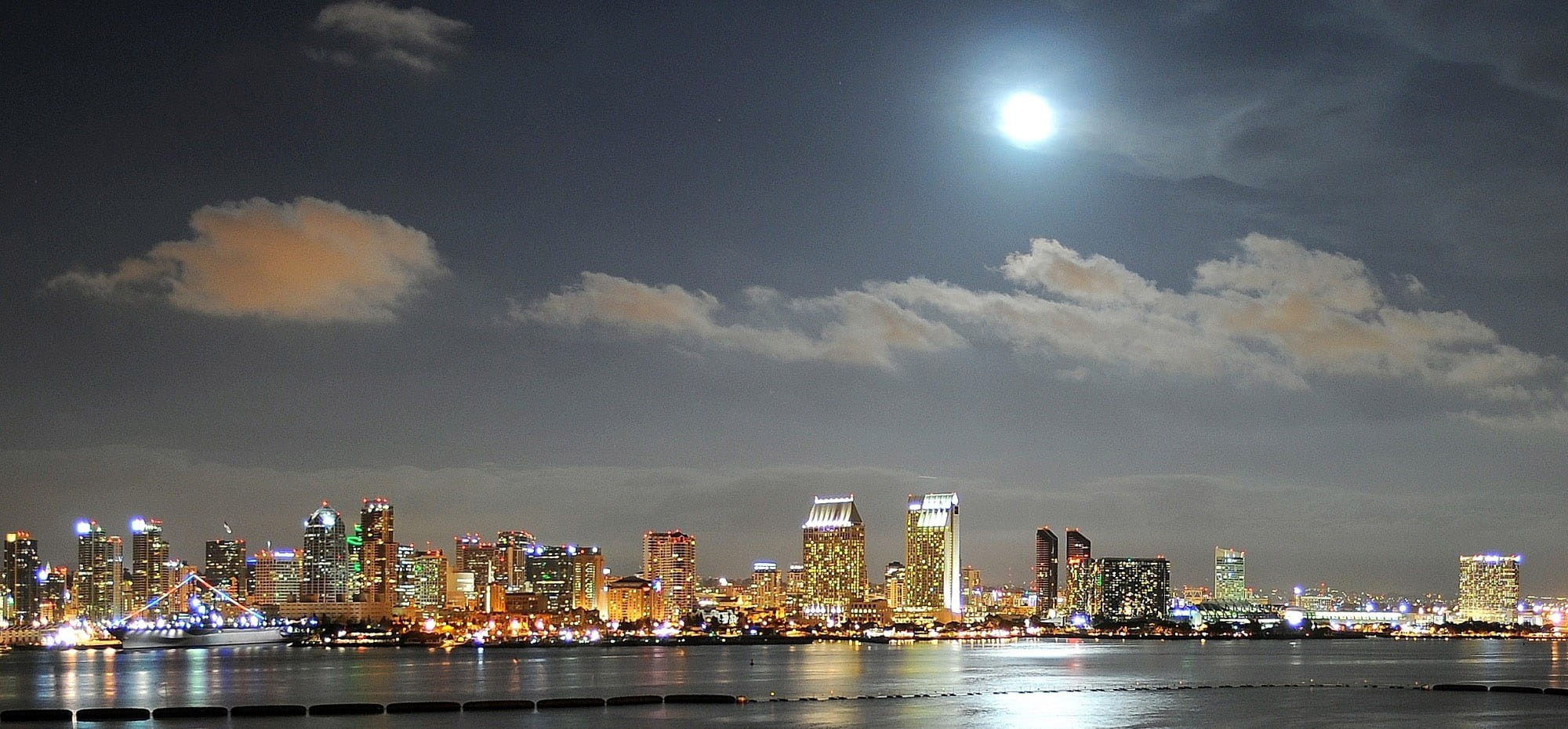 river, towers, skyscraper, downtown District, outdoors, buildings, building Exterior, full, moon, nature, city life, San Diego, built Structure, United States, HD Wallpaper