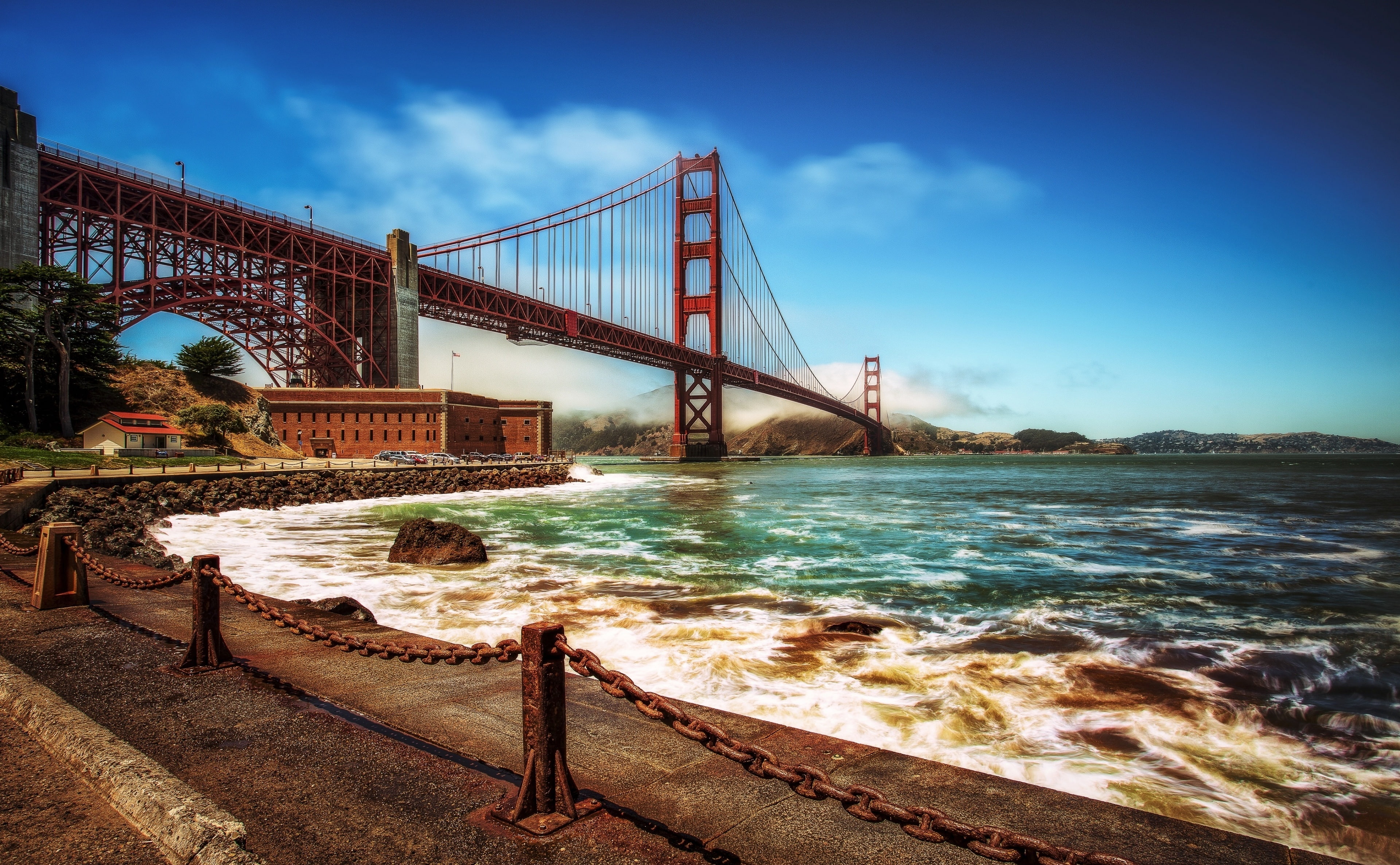 goldengatebridge, bridge - man made structure, fortpoint, bay, goldengate, sanfranciscobay, sea, canon, United States, connection, Rocky, 4K, nature, Rock, HD Wallpaper
