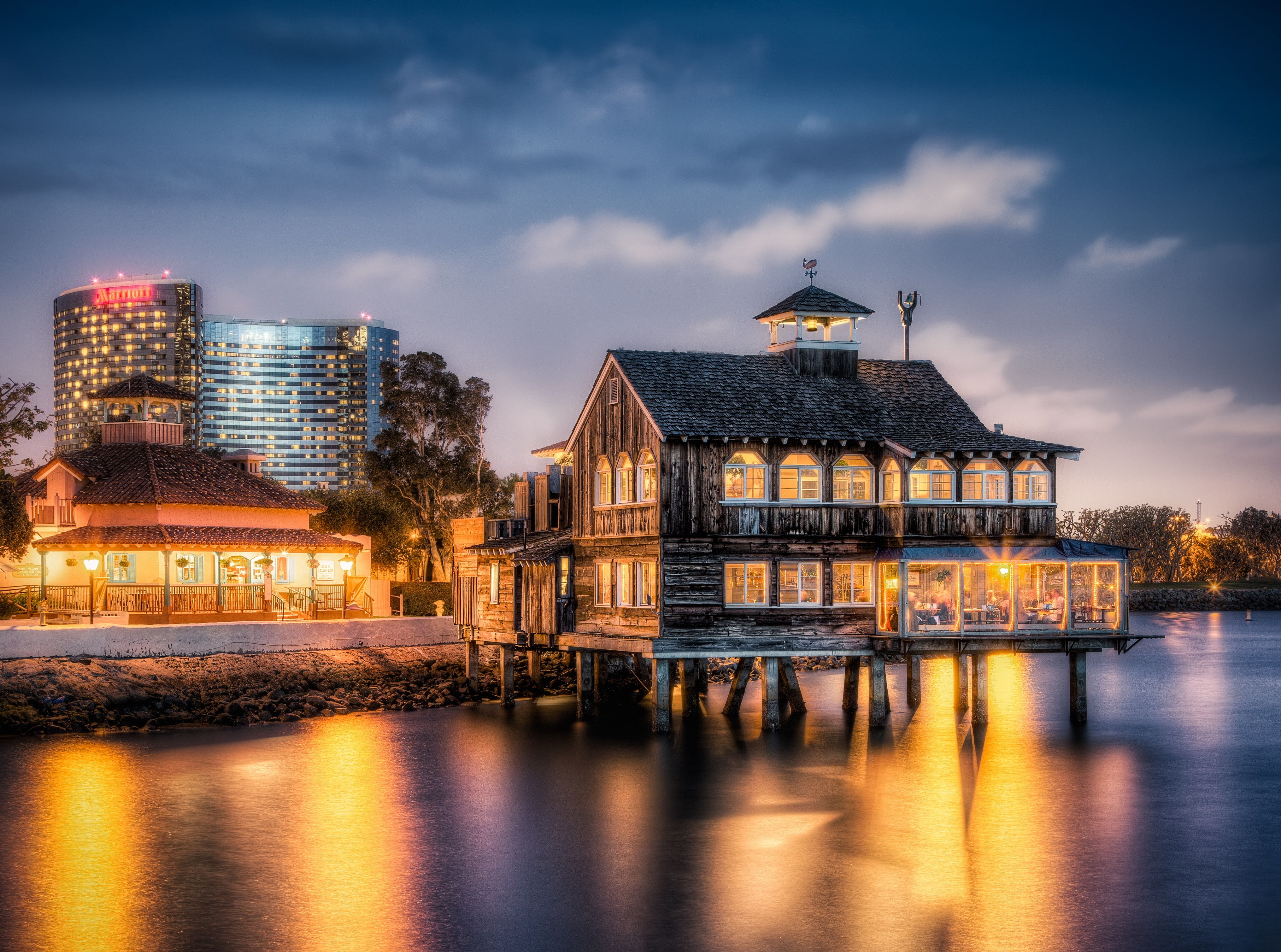 5dmark3, Pier, waterfront, built structure, United States, canon, seaportvillage, water, 4K, Shop, dusk, nature, Ocean, Building, travel destinations, HD Wallpaper