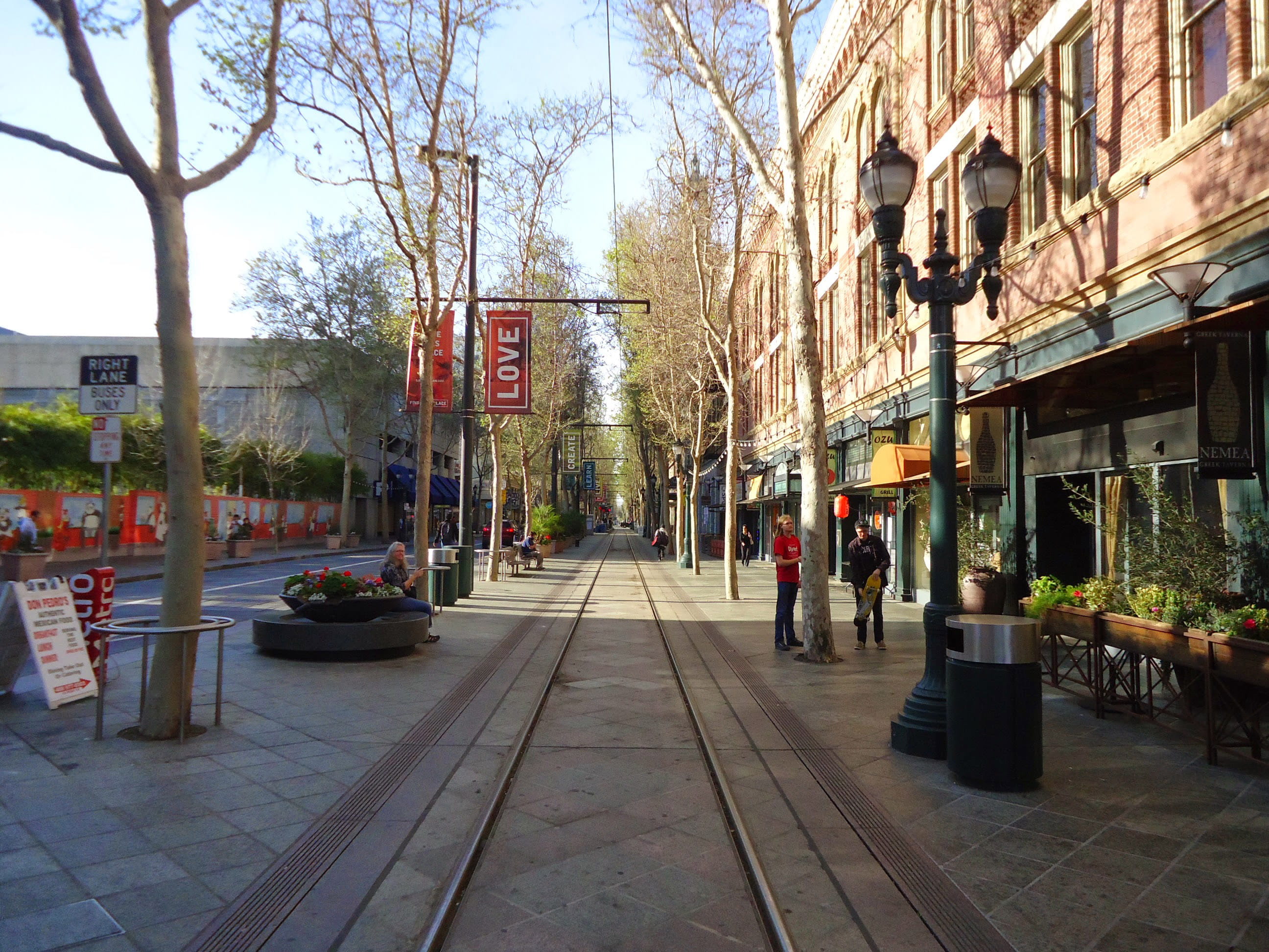 tree, san jose, day, store, 2K, downtown, building, sidewalk, city, san, photos, footpath, real people, public domain, people, street, architecture, bare tree, HD Wallpaper