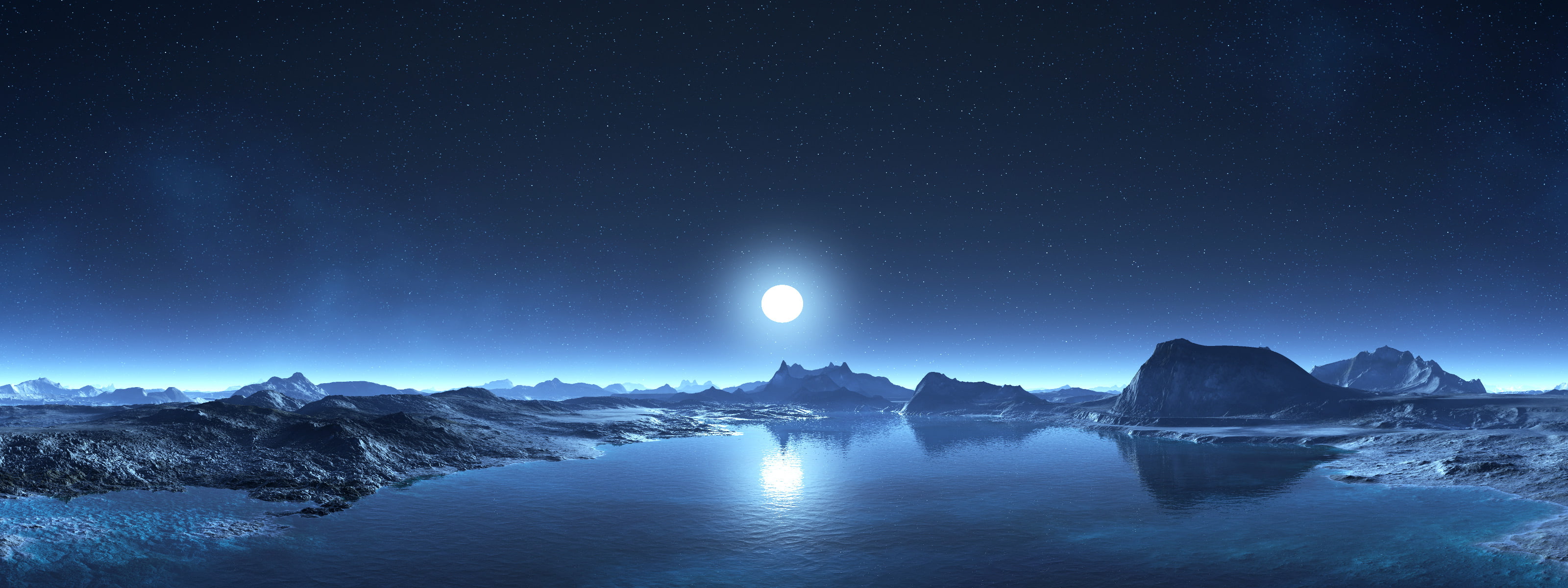 Blue, Planet, Sci Fi, Shiver, Moonrise, 2K, Cold, Mountain, Lake, HD Wallpaper