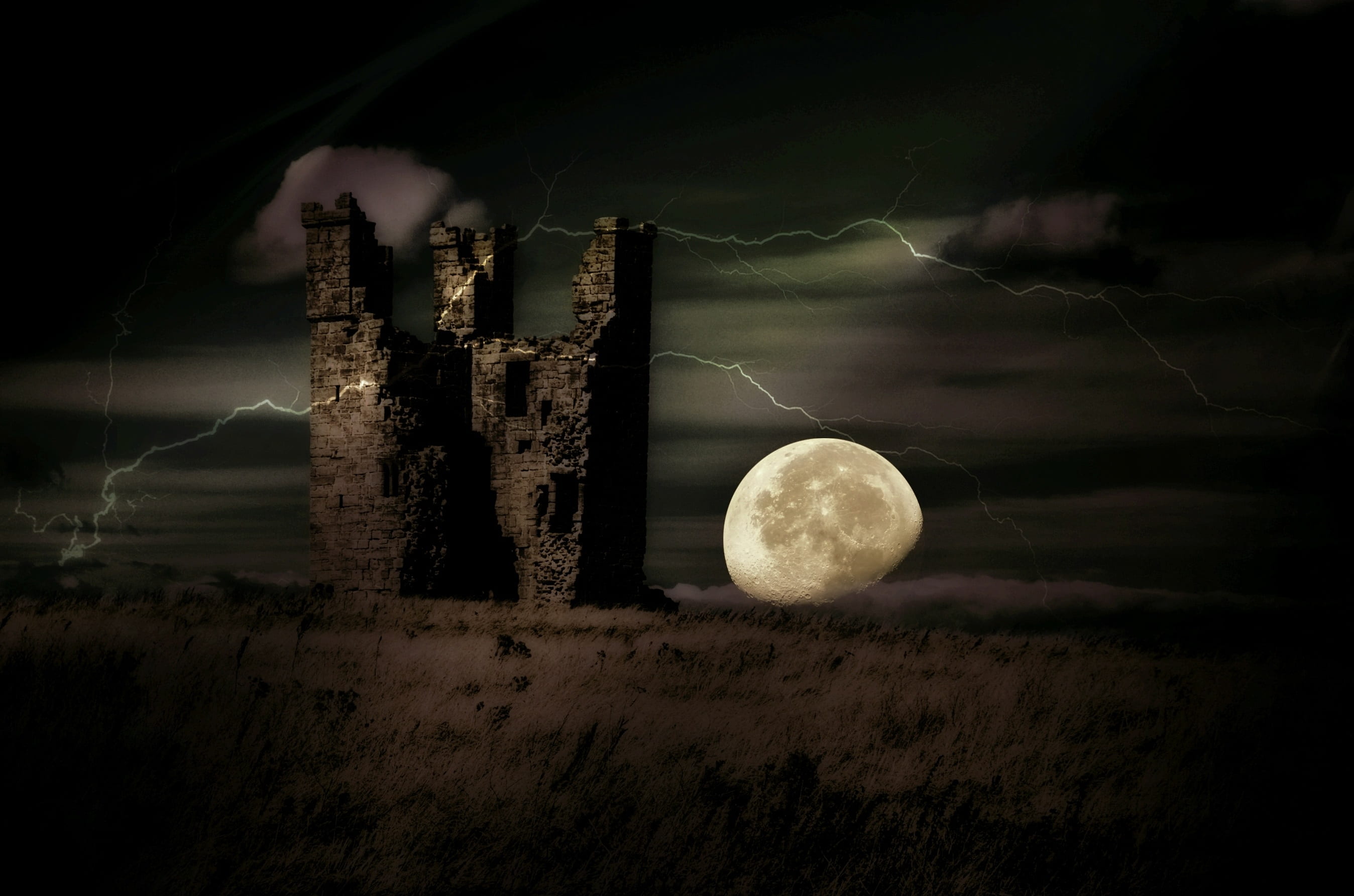 gray, 2K, nature, flash, no people, mystical, plant, building, field, tower, weird, burgruine, creepy, clouds, moonlight, darkness, gloomy, ruin, thunderstorm, HD Wallpaper