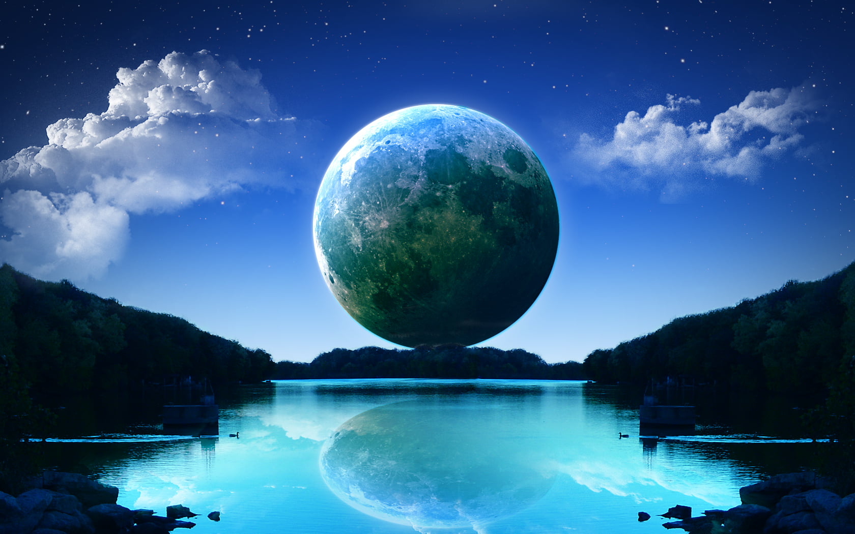 720P, tree, tranquility, tranquil scene, space, no people, scenics - nature, astronomy, body, mountain, moonrise, idyllic, lake, blue, illustration, plant, HD Wallpaper