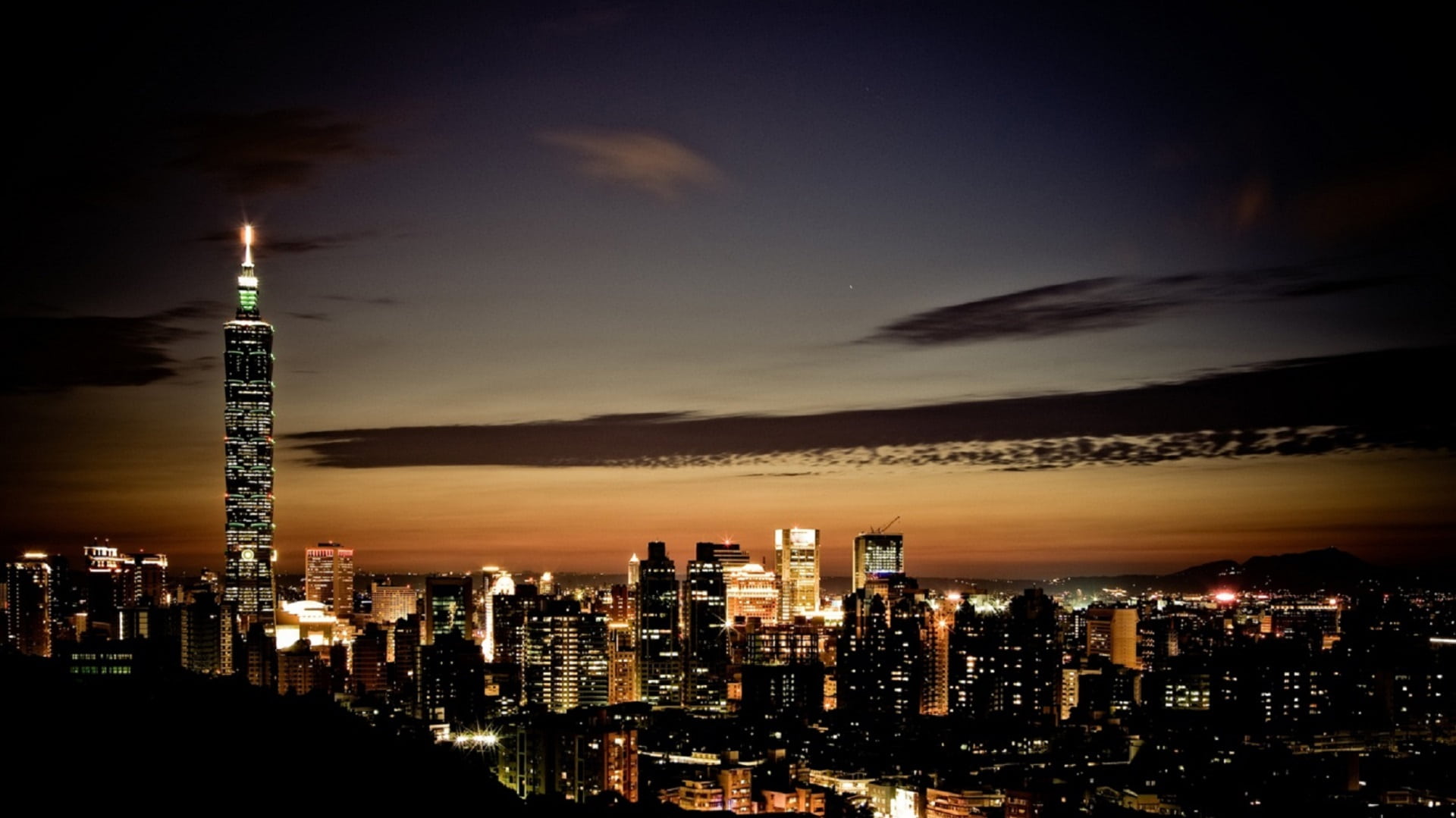 building Exterior, downtown, skyscrapers, illuminated, no people, taipei city, urban, apartment, skyline, sunset sky, financial district, asia, scenic, HD Wallpaper