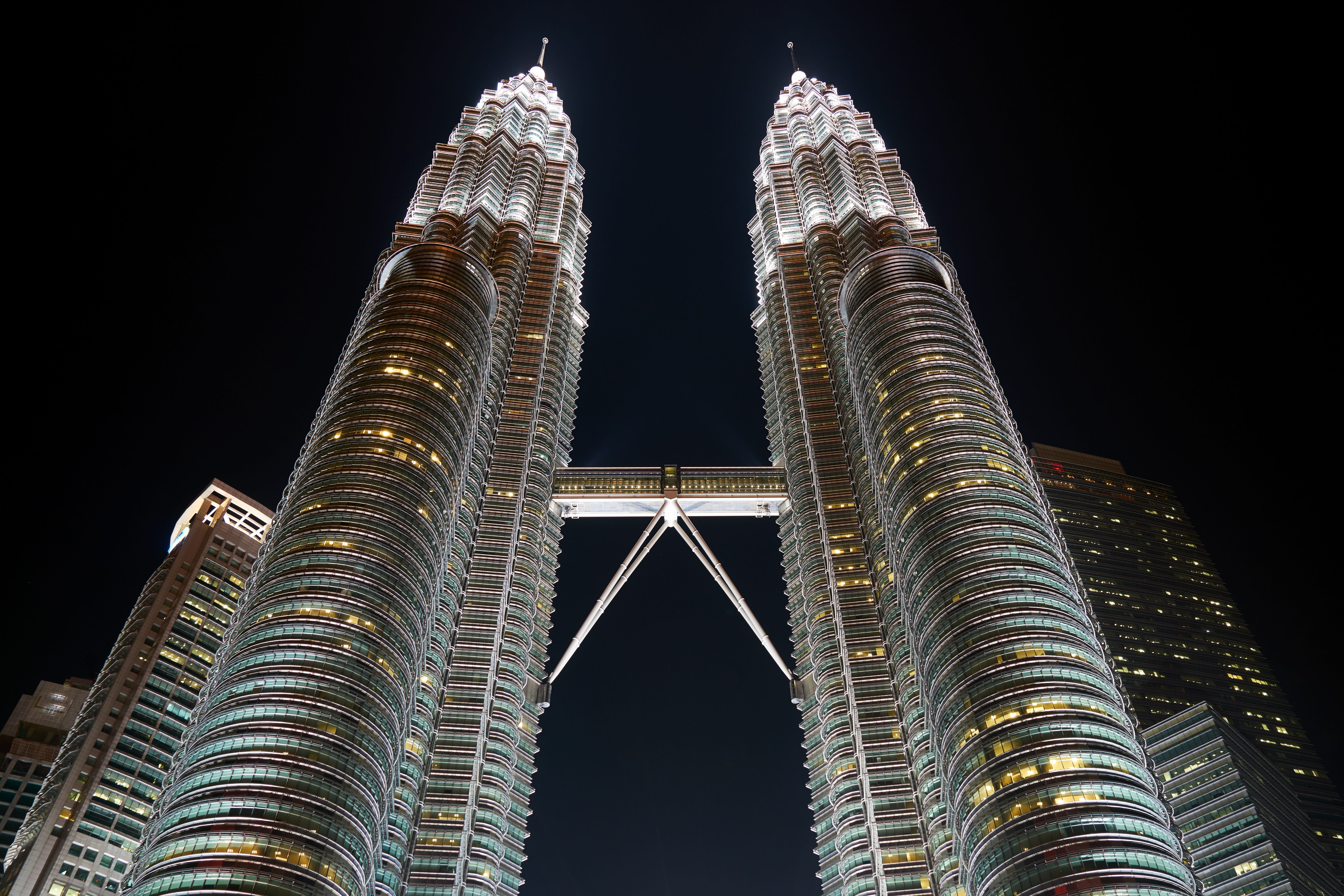 facade, architectural design, illuminated, tallest, lights, sky, skyscraper, landmark, tower, modern, petronas twin towers, building, night, architecture, HD Wallpaper