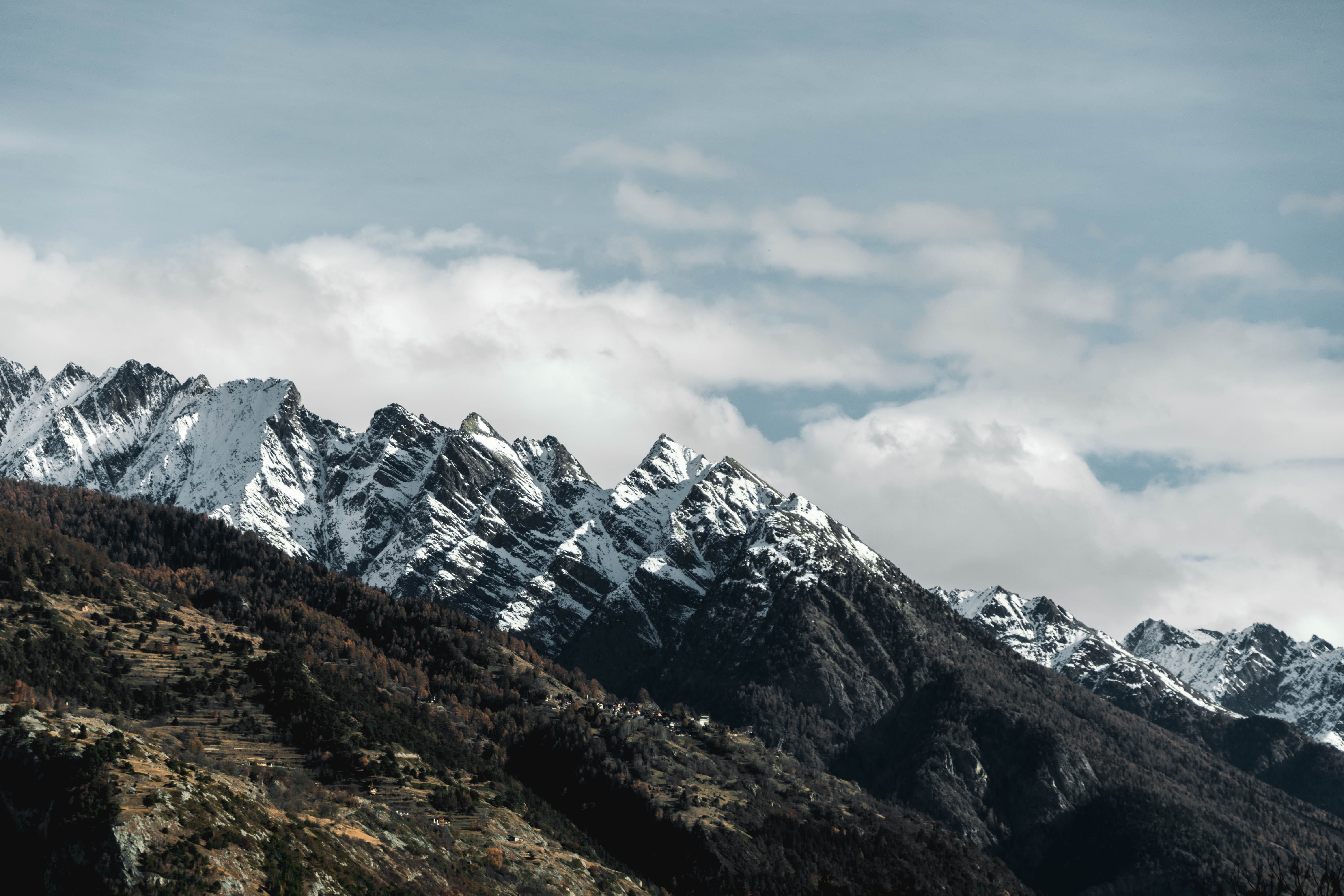 mountain range, winter, covered, snow, landscape, day, environment, exploring, rock, formation, cold temperature, background, mountain peak, no people, HD Wallpaper