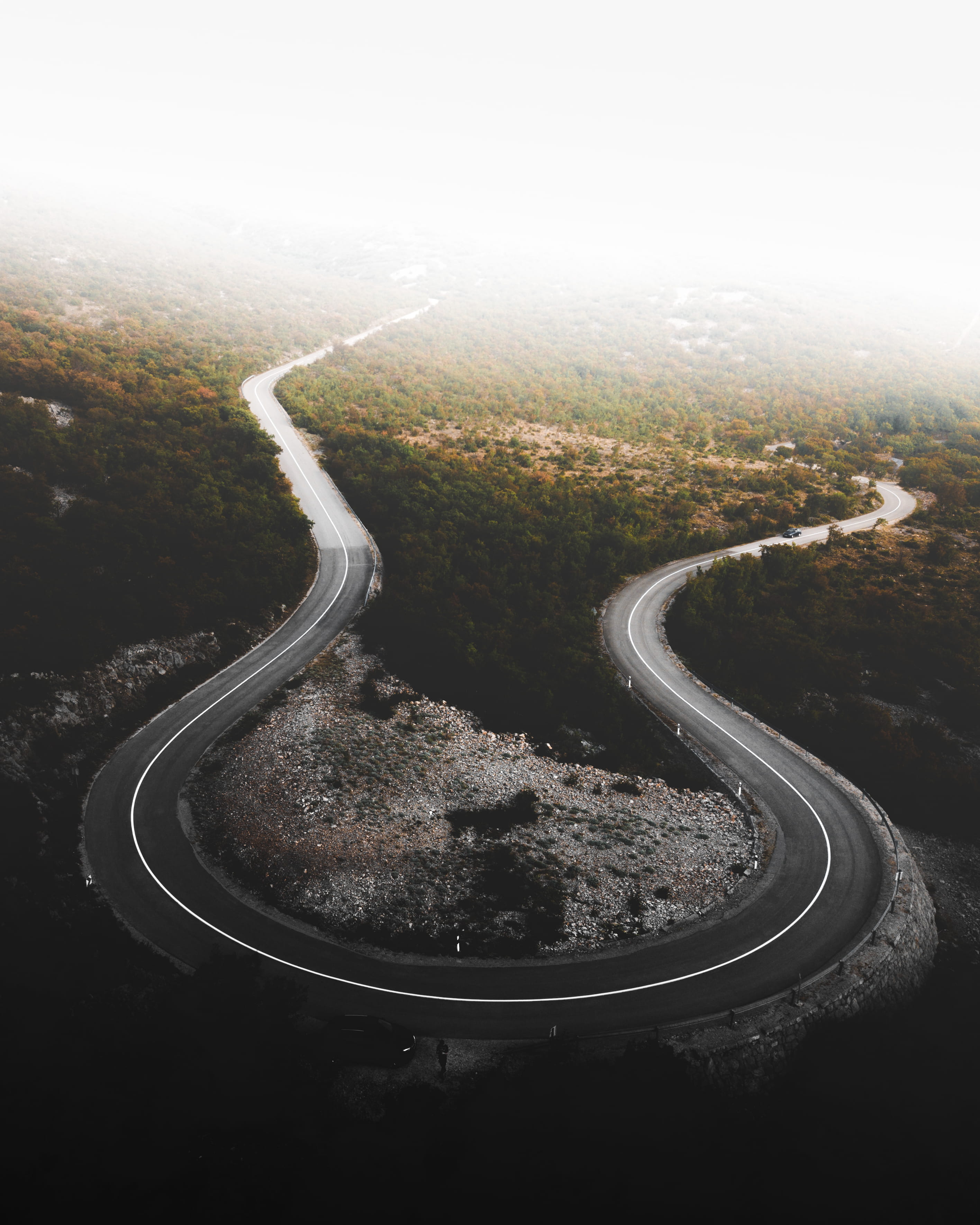sky, traffic, outdoor, journey, road trip, mountain, dividing Line, highway, multiple Lane Highway, transportation, car, woodland, winding Road, aerial, Phone HD Wallpaper