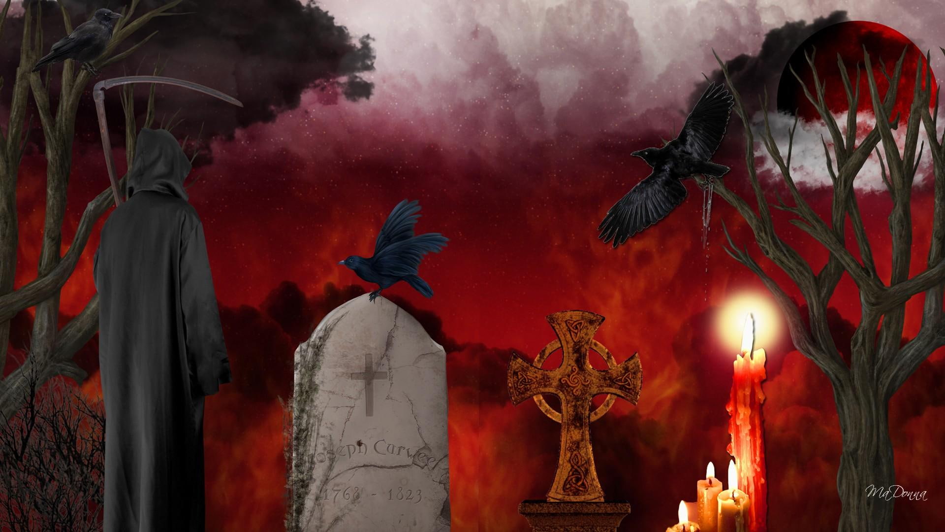 reaper, grave stones, dark, red moon, goth, graveya, light, 1080P, gothic, ravens, halloween, cemetery, mysterious, darkness, HD Wallpaper