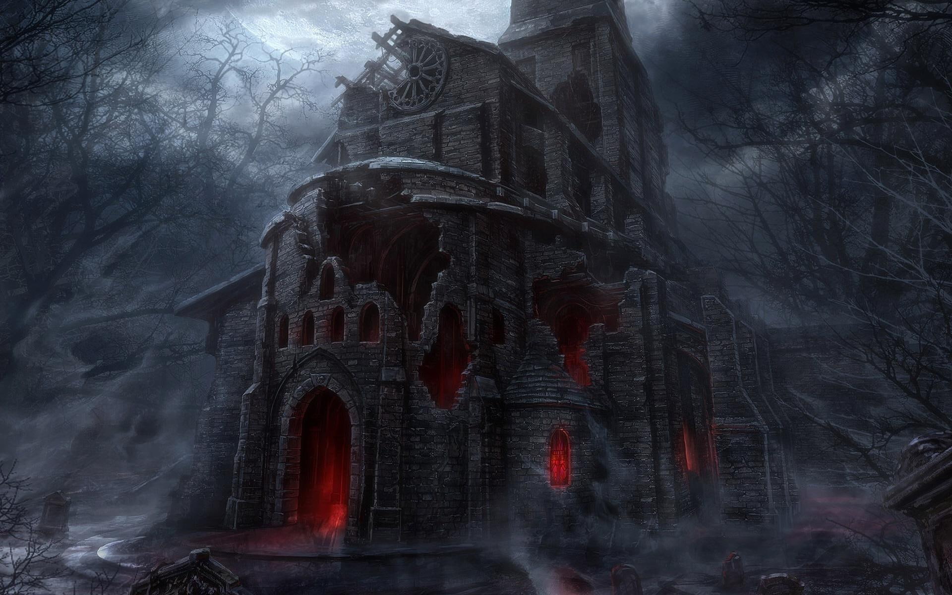 brick, house, halloween, black, 3d and abstract, castle, 1080P, scary, dark, illustration, HD Wallpaper