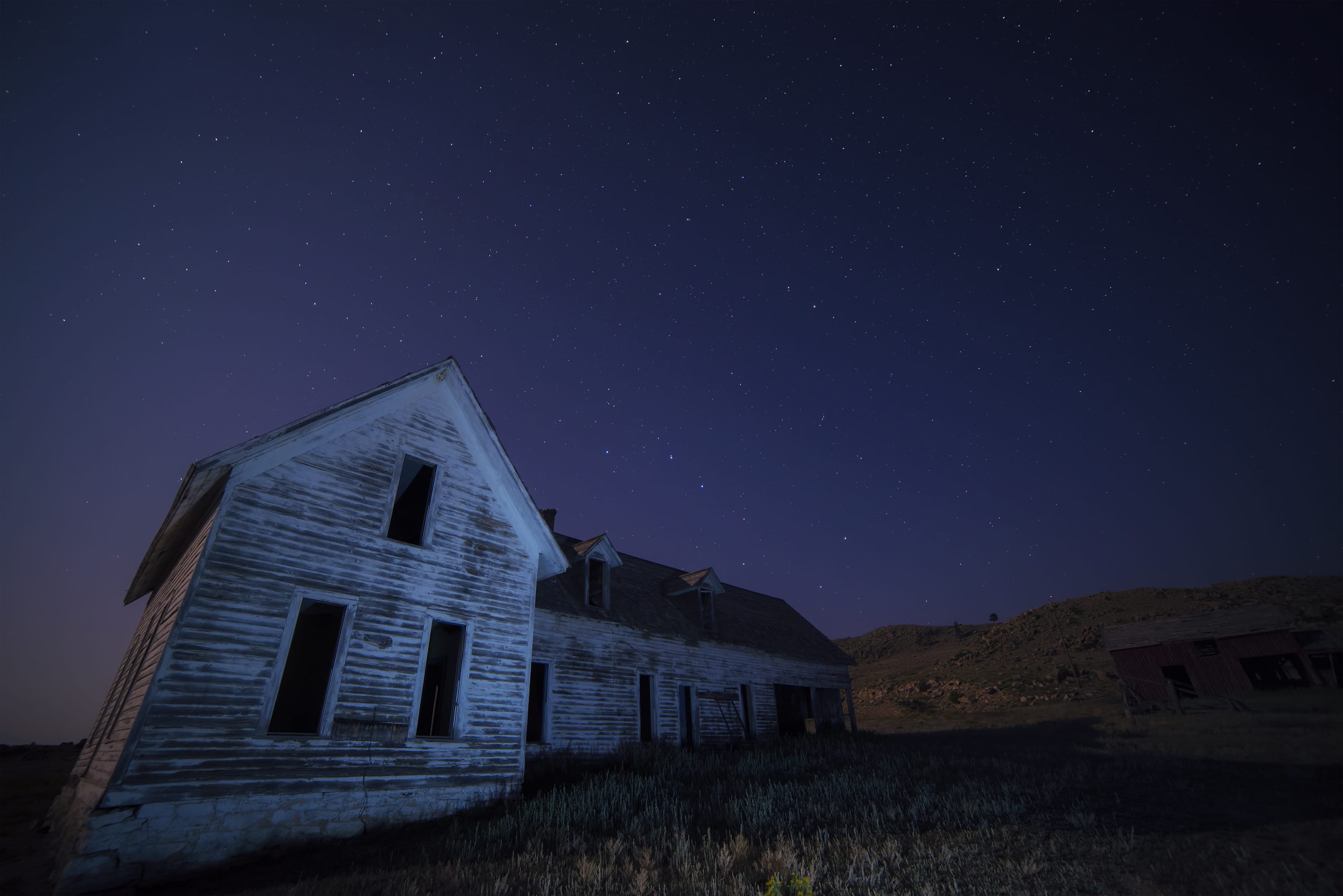 house, nature, sky, stars, wooden, photo, built structure, architecture And Buildings, star - space, star field, field, place of worship, run-Down, white, HD Wallpaper