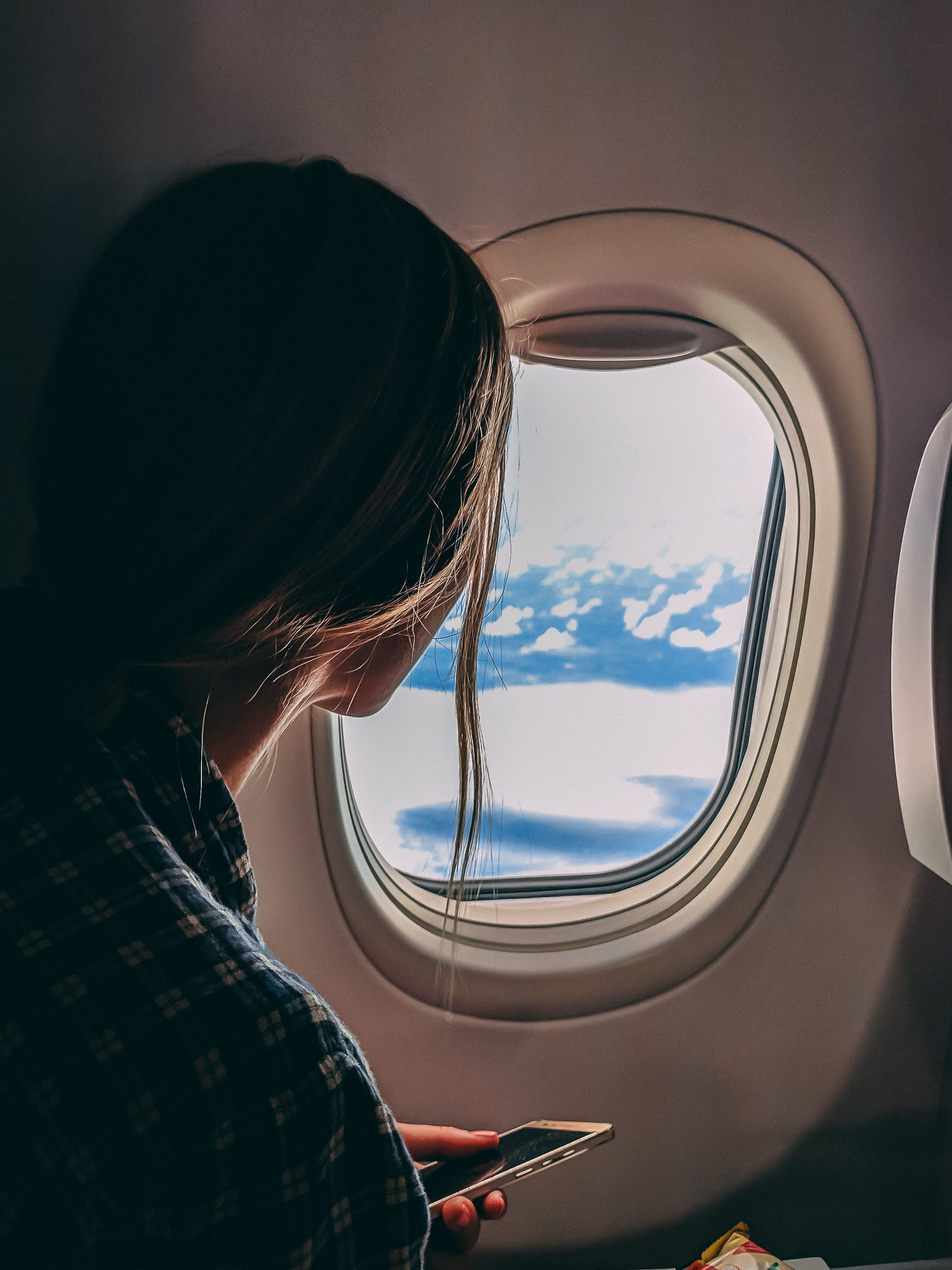 light, headshot, sky, person, one person, travel, scenic, portrait, transportation system, holding, real people, women, hair, sitting, nature, plane, clouds, Phone HD Wallpaper
