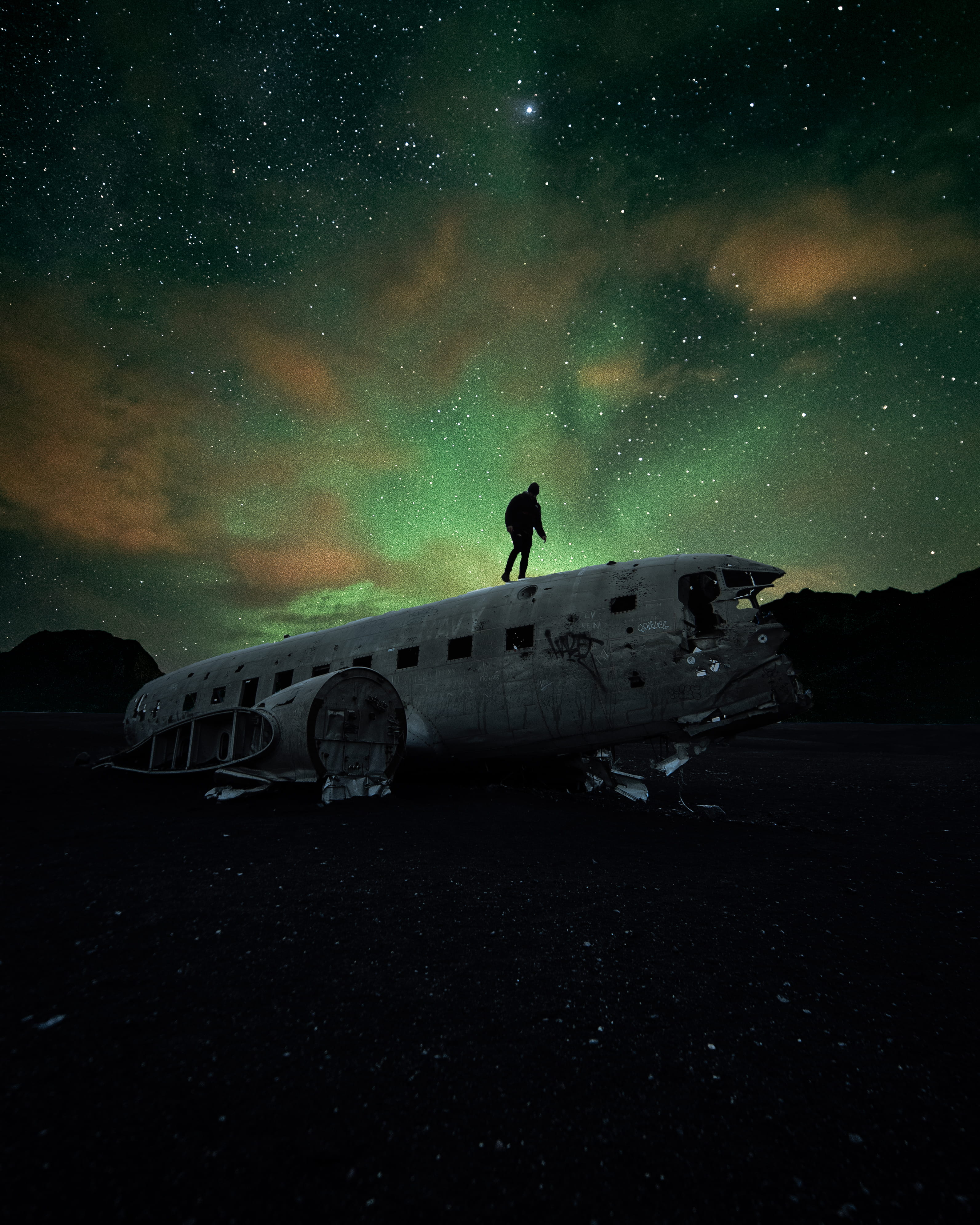 mode of transportation, iceland northern light, iceland plane, exploration, galaxy, transport, star - space, travel, astronomy, sky, real people, silhouette, Phone HD Wallpaper
