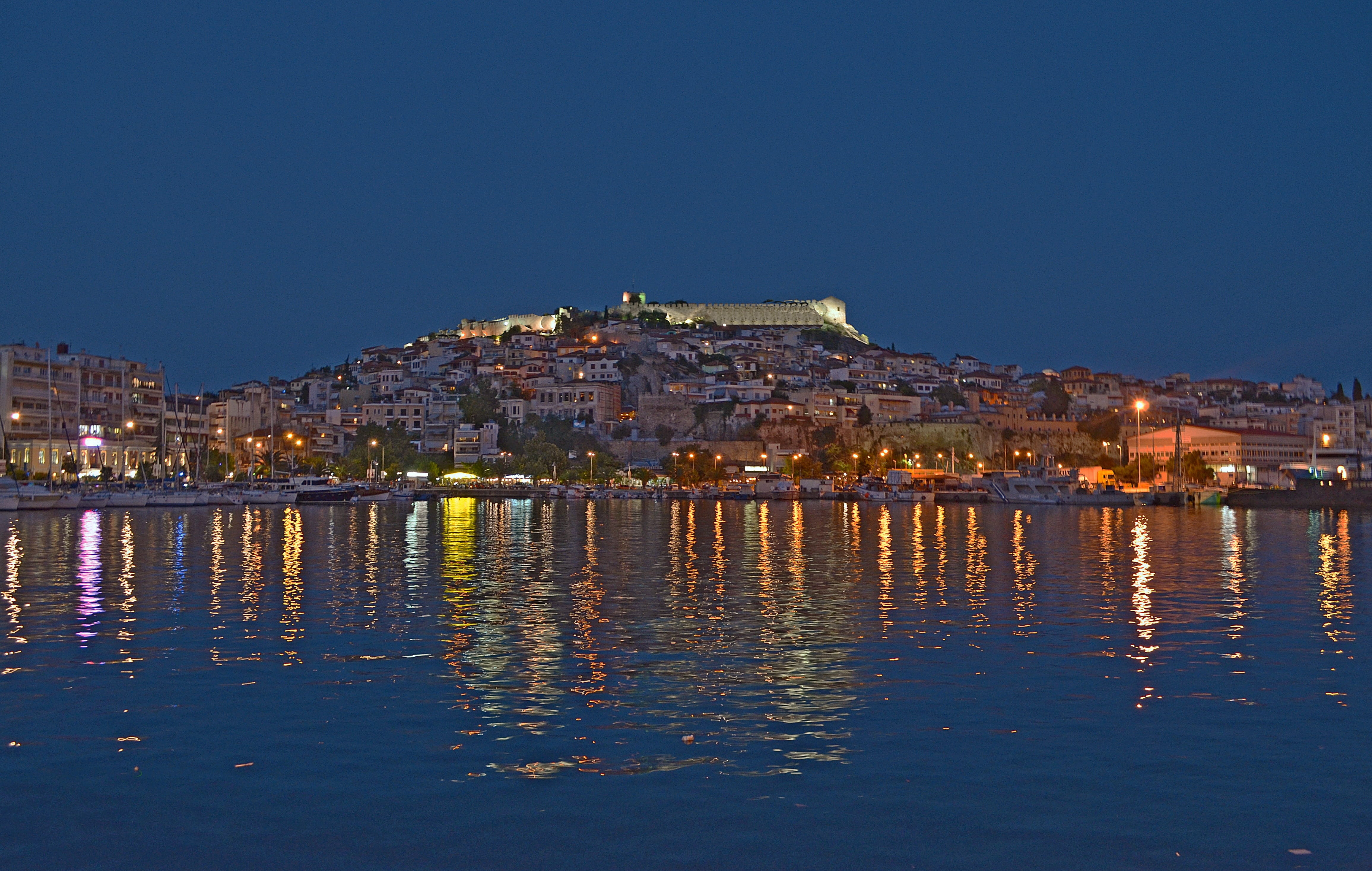 nightlife, architecture, outdoors, travel destinations, sky, house, building, city, land, castle, building exterior, kavala, landscape, night, reflection, HD Wallpaper