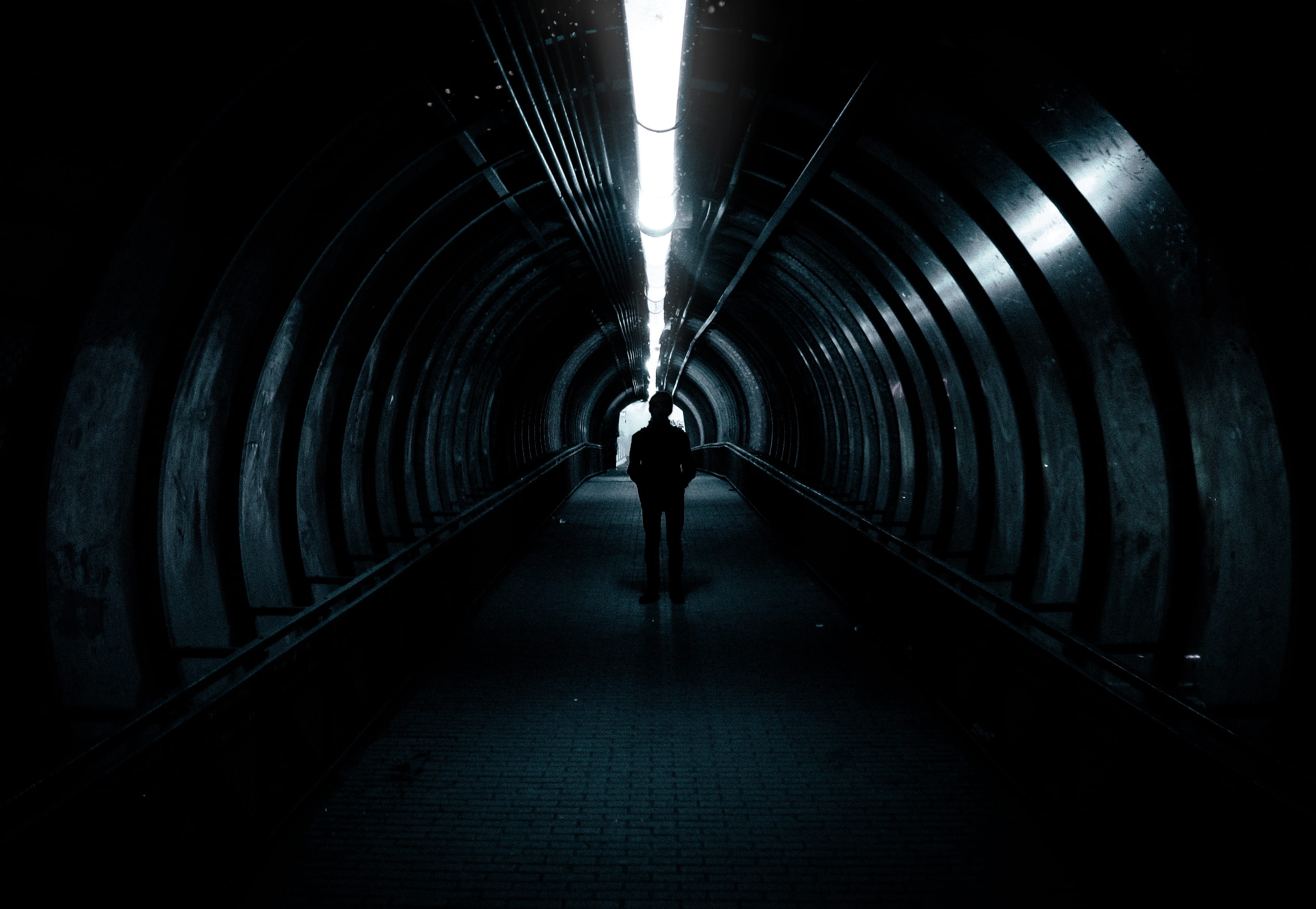 person, indoors, scary, illuminated, lighting equipment, the way forward, direction, architecture, light at the end of the tunnel, transportation, man, HD Wallpaper