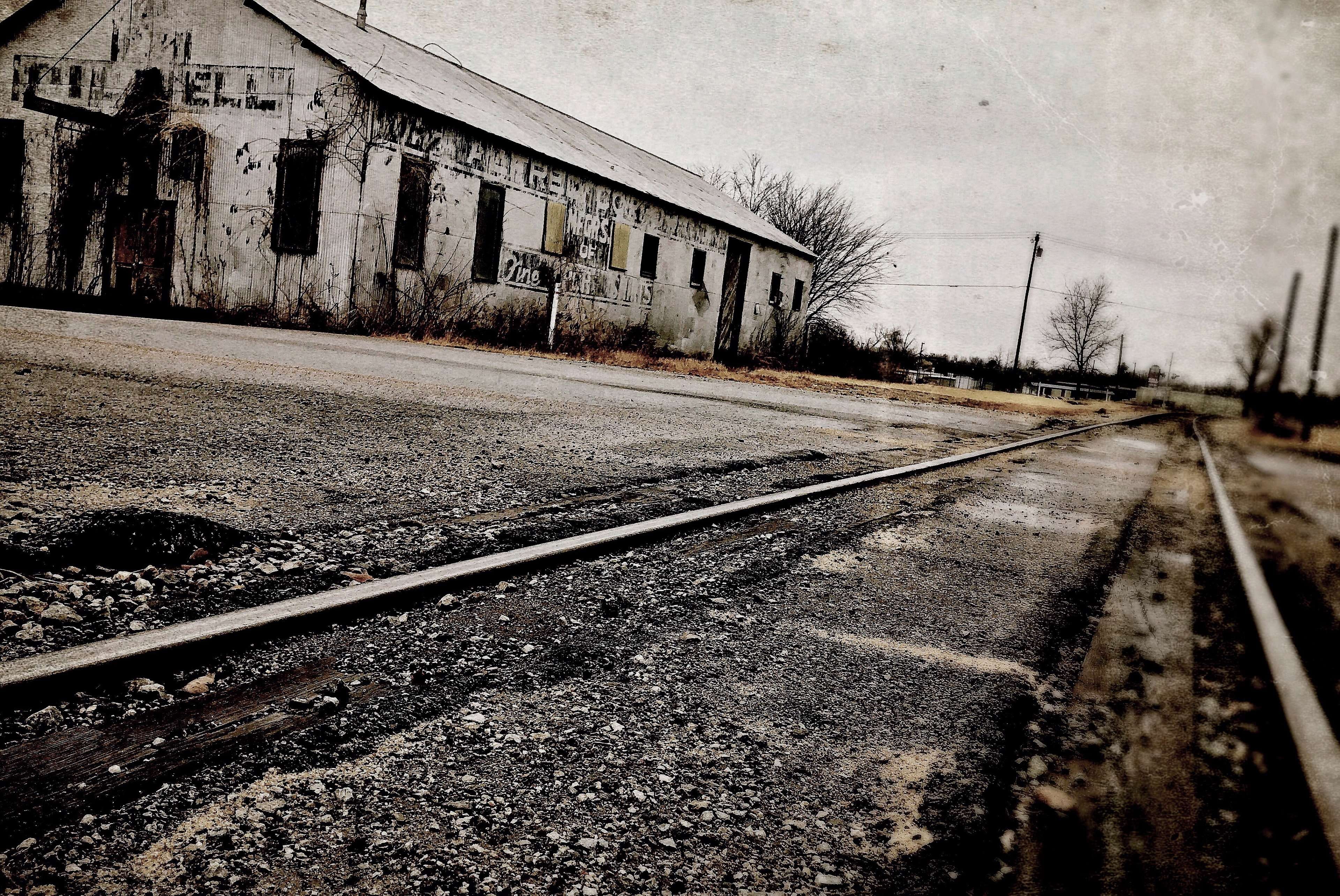 mode of transportation, city, the way forward, rail transportation, tree, abandoned, road, decay, gloomy, asphalt, built structure, building exterior, 4K, HD Wallpaper