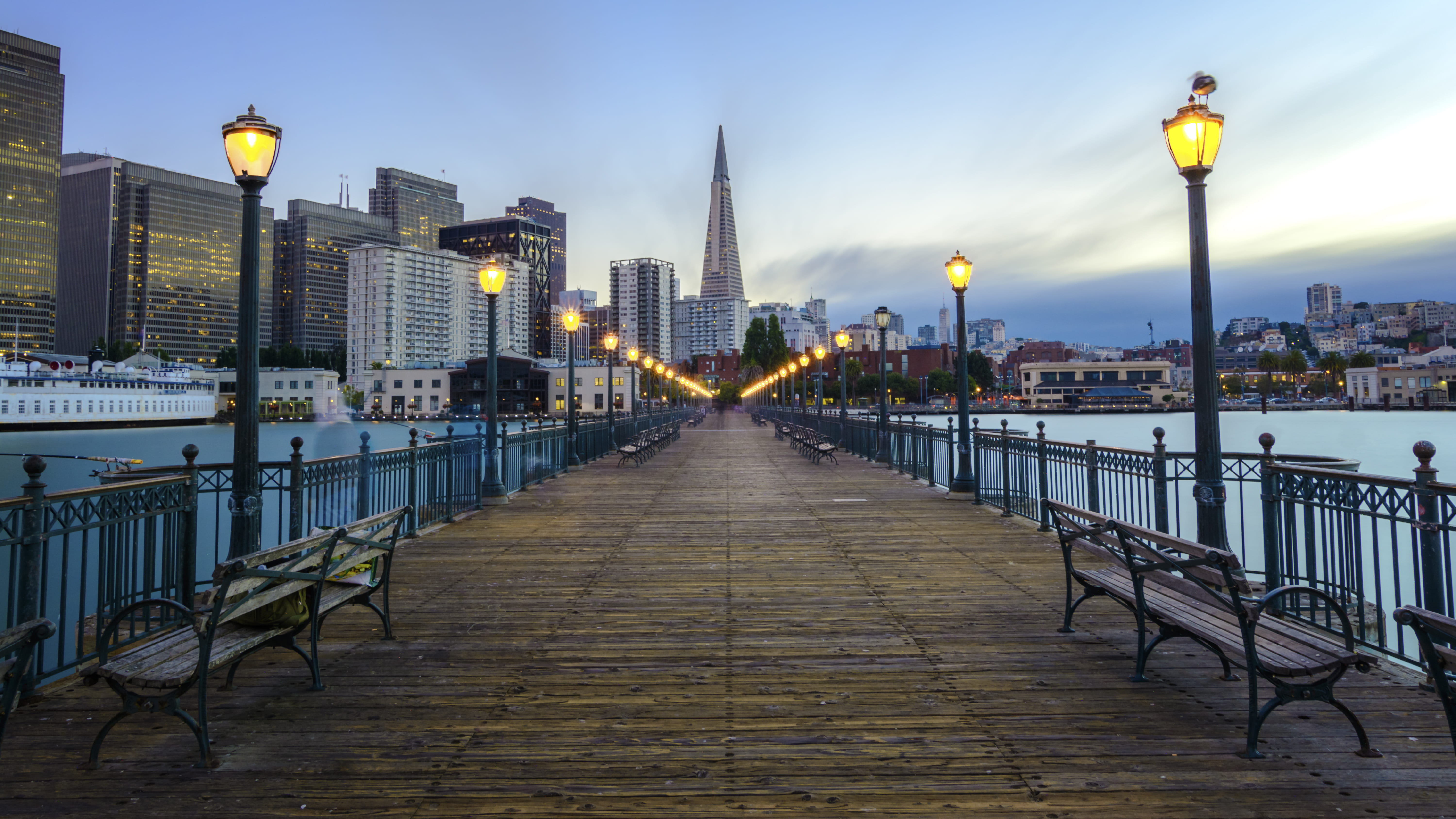 diminishing perspective, sky, railing, built structure, street, illuminated, 5K, united states, bridge - man made structure, long exposure, building exterior, HD Wallpaper