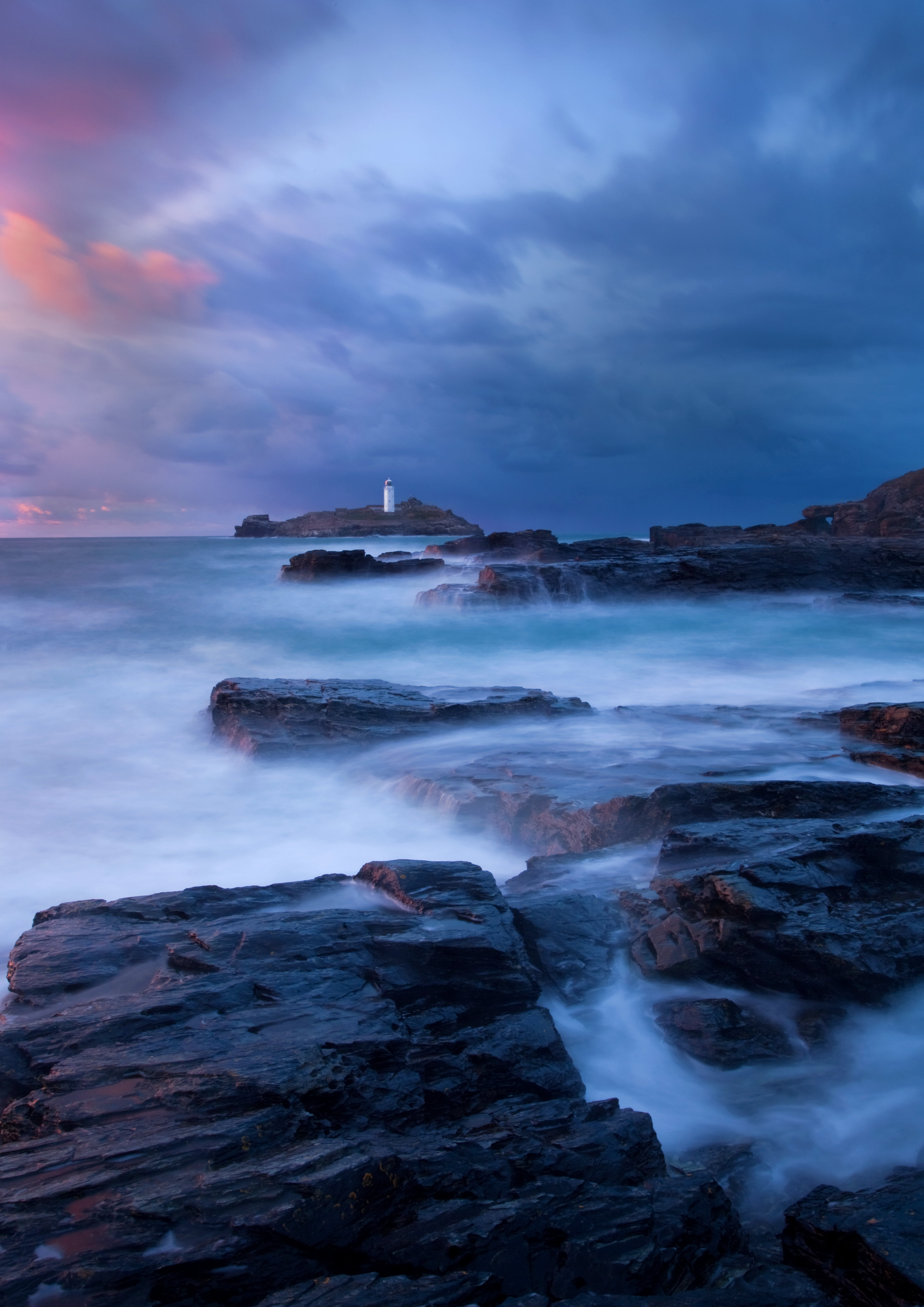 near, landscape, nature, long Exposure, water, dusk, 5K, cliff, coastline, seascape, white, sunset, sea, wave, rock - Object, scenics, beach, godrevy, Phone HD Wallpaper