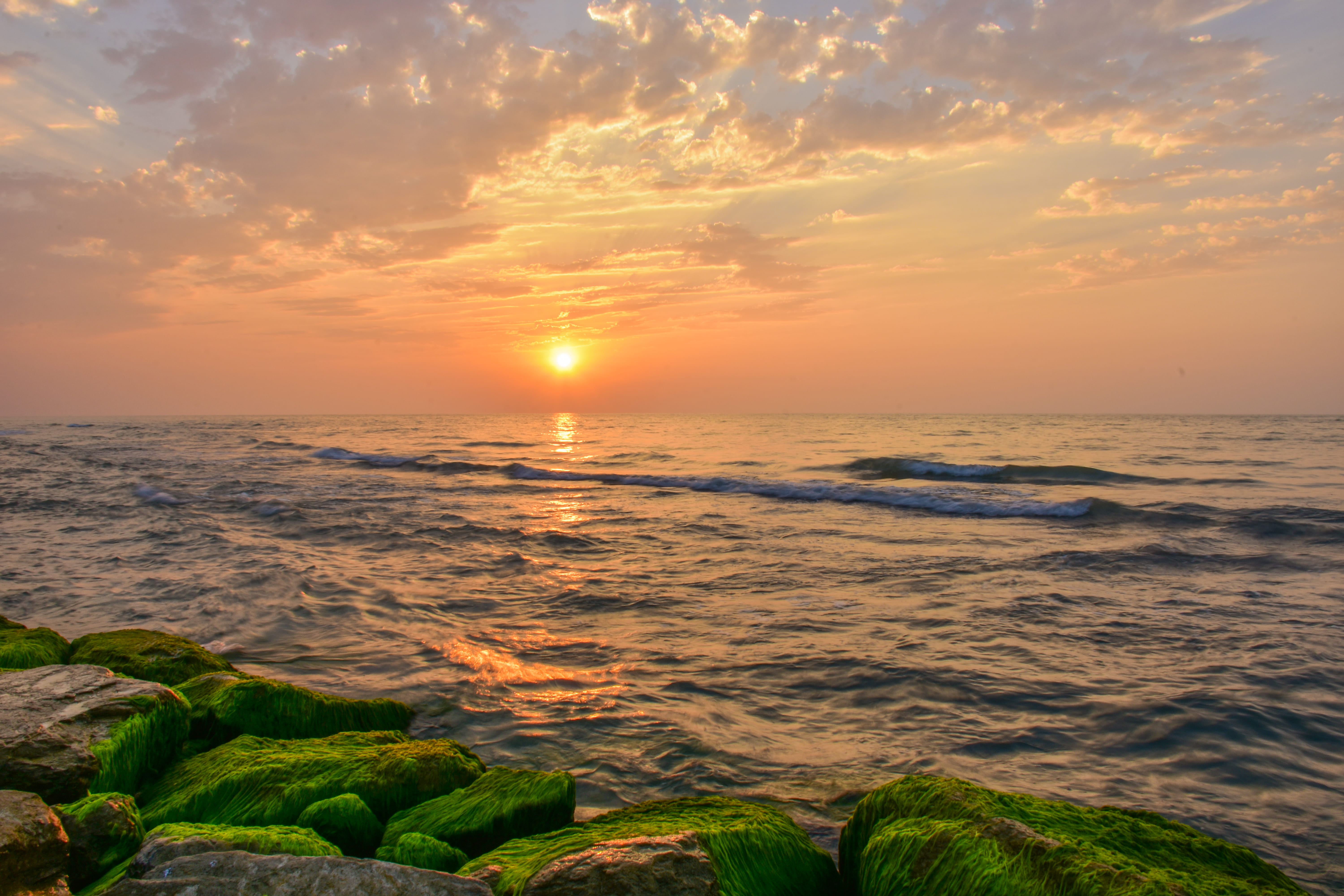 idyllic, non-urban scene, seaside, no people, outdoors, tranquil scene, 5K, sunset, sky, water, orange color, mahmudabad, sun, cloud - sky, tranquility, HD Wallpaper