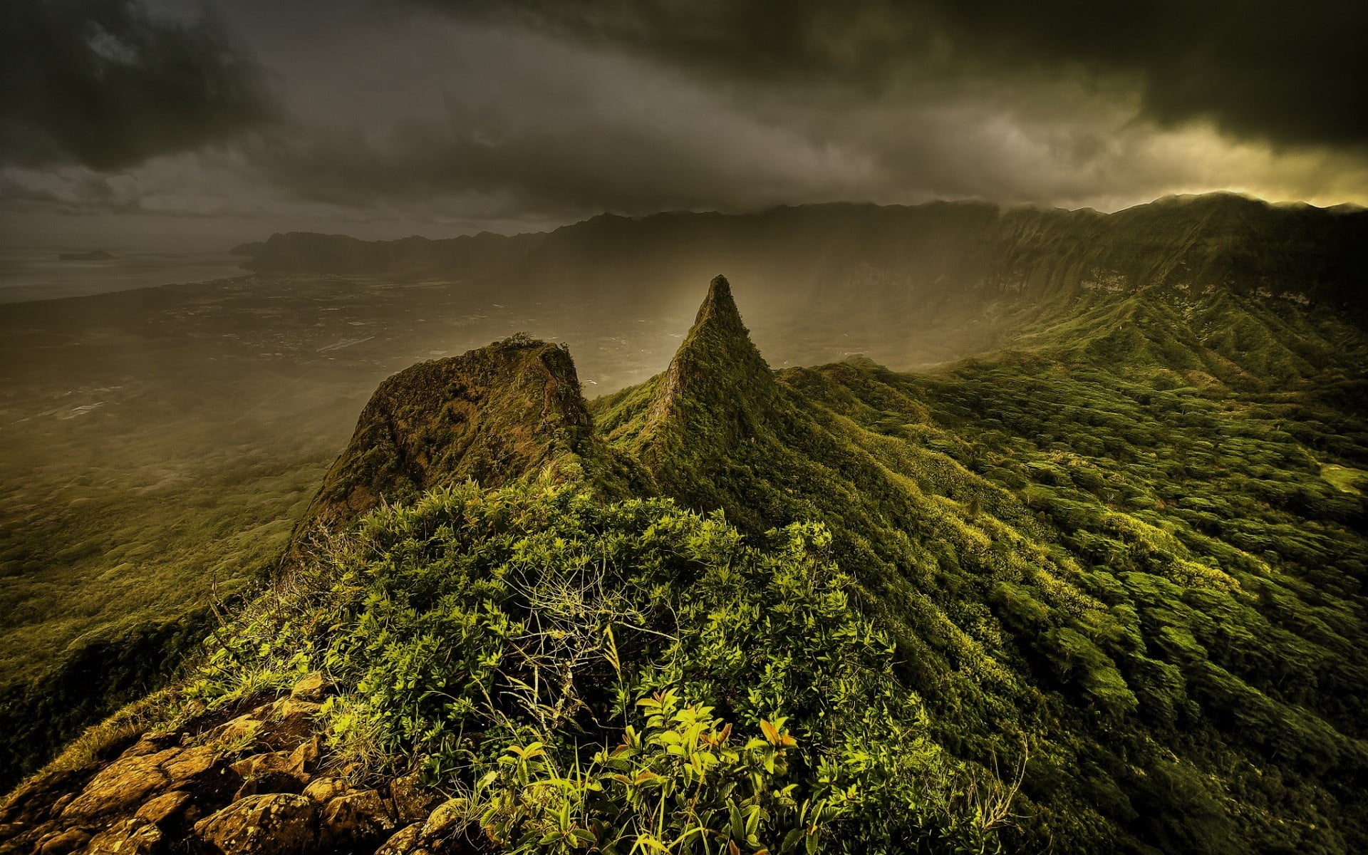 sky, overcast, storm, mountain, textile, non-urban scene, black, tranquil scene, hills, plant, clouds, floral, no people, environment, green color, cloud - sky, HD Wallpaper
