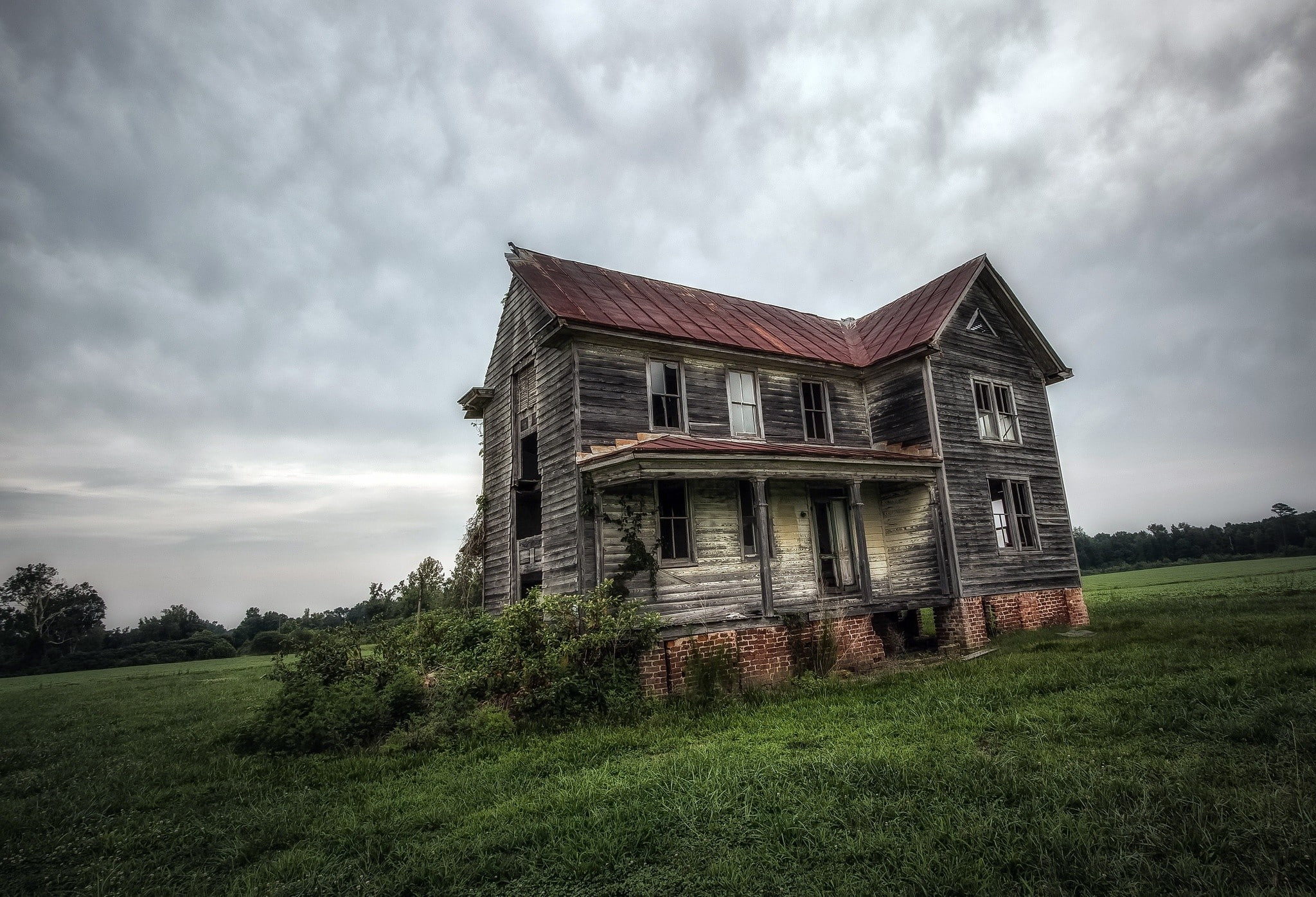 1080P, abandoned, grass, house, field, overcast, ruin, old, HD Wallpaper
