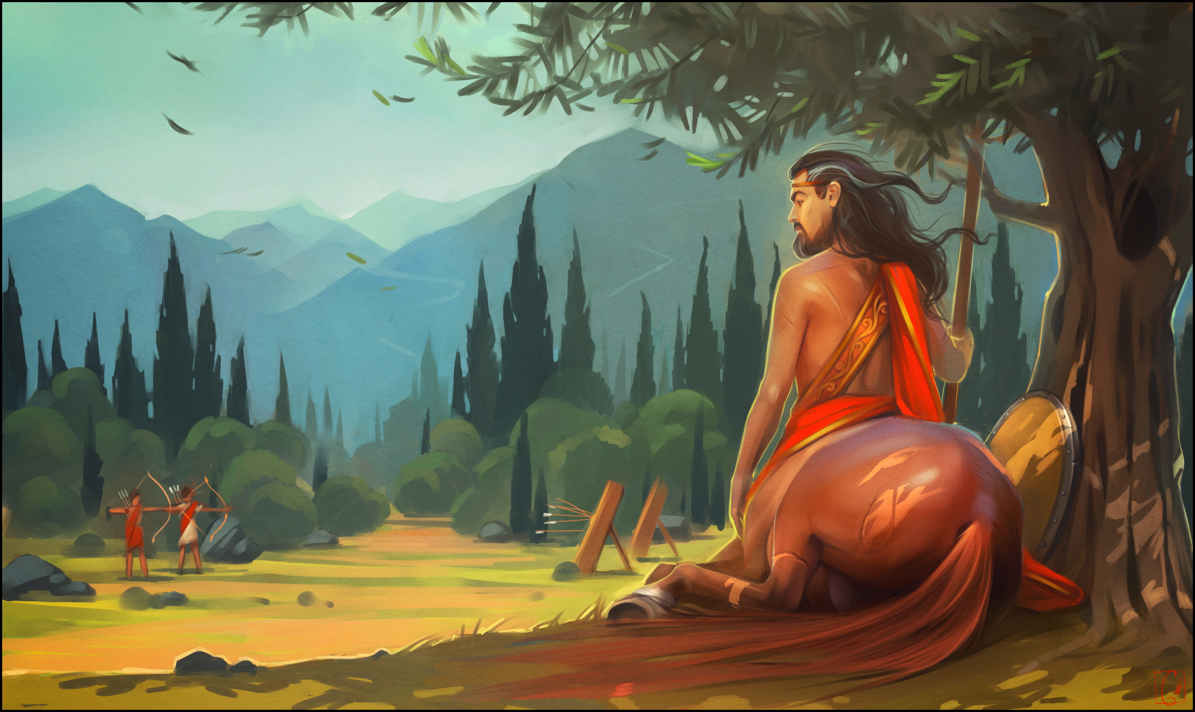 4K, chiron, tree, mountains, centaur, mythology, art, landscape, HD Wallpaper