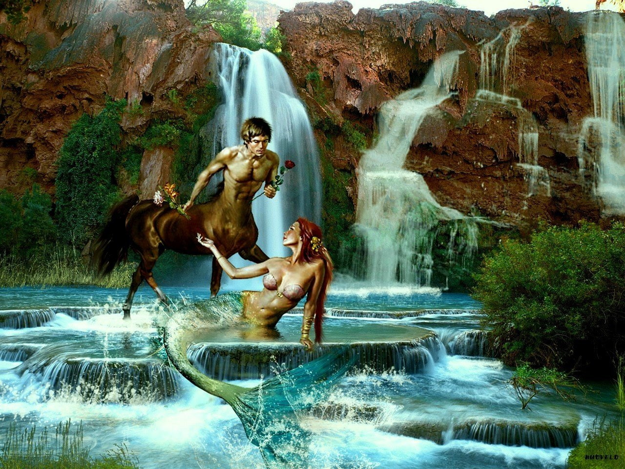 720P, Love, Mermaid, Waterfall, Fantasy, Centaur, HD Wallpaper