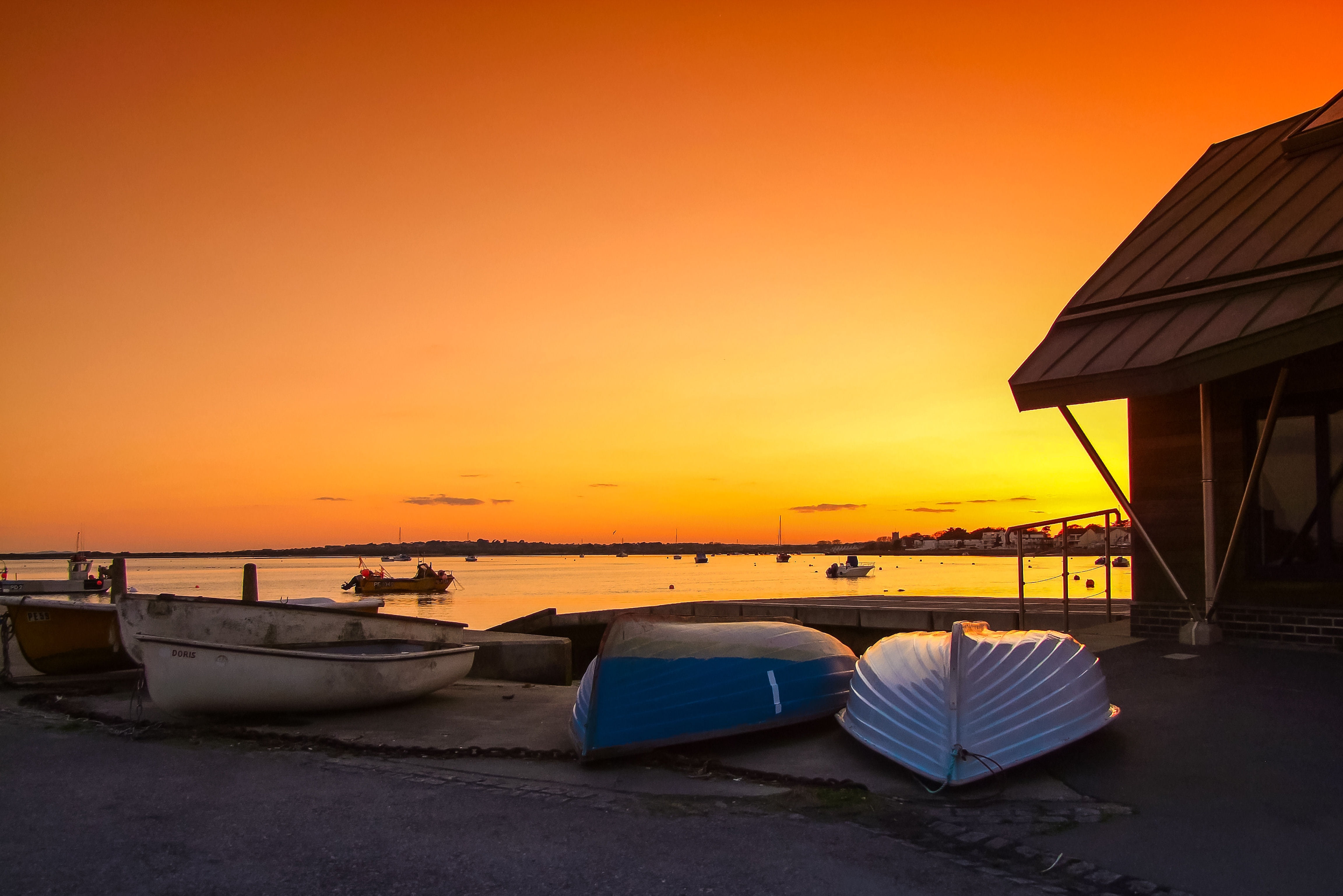 sky, no people, summer, travel destinations, beach, sea, dusk, vacations, romantic sky, 4K, architecture, moored, nature, sunset, nautical Vessel, transportation, HD Wallpaper