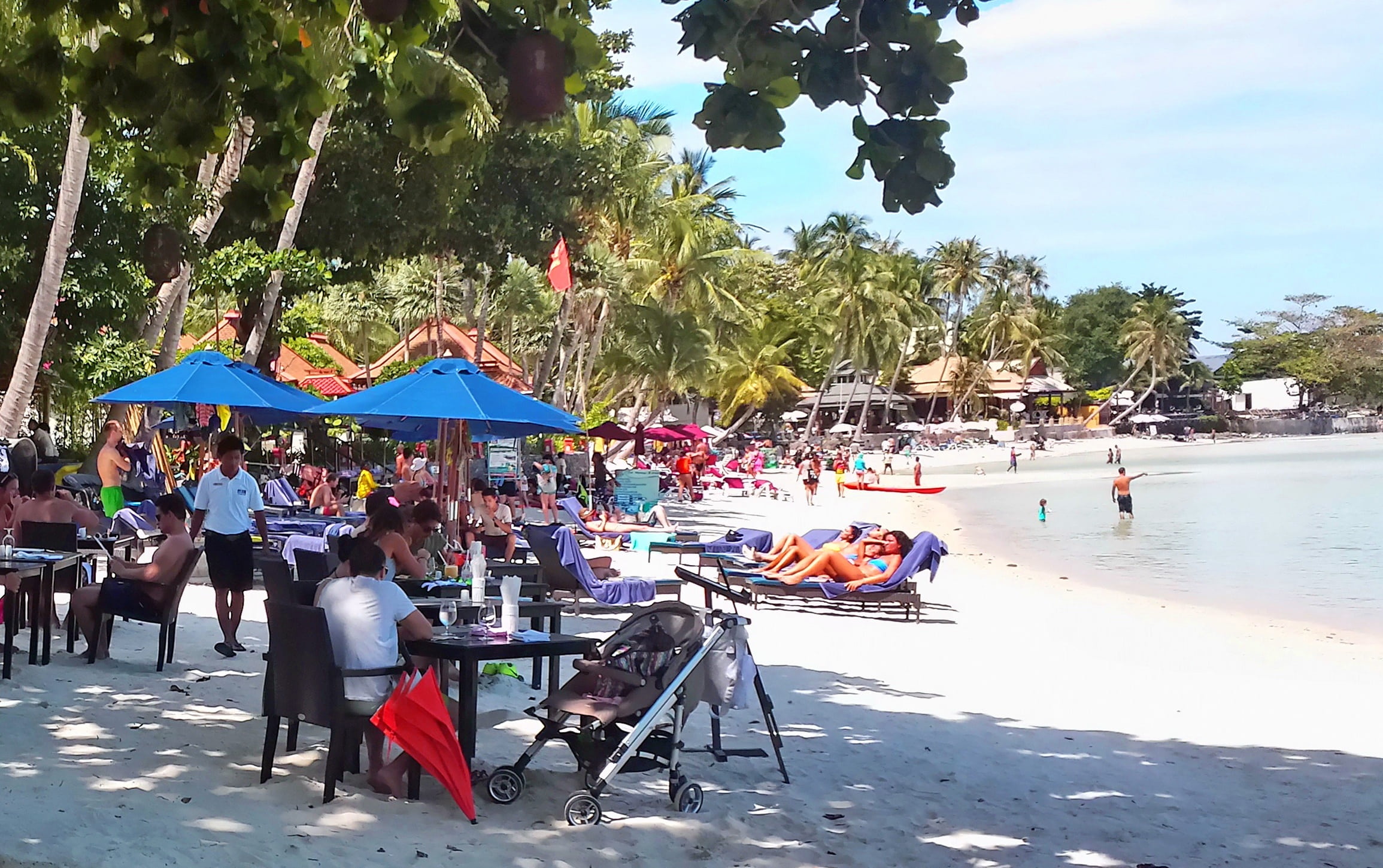 tropical, chaweng beach, sun, tourism, blue, asia, ocean, summer, crowd, adult, paradise, men, chair, chaweng, nature, seascape, thai, day, land, plant, HD Wallpaper
