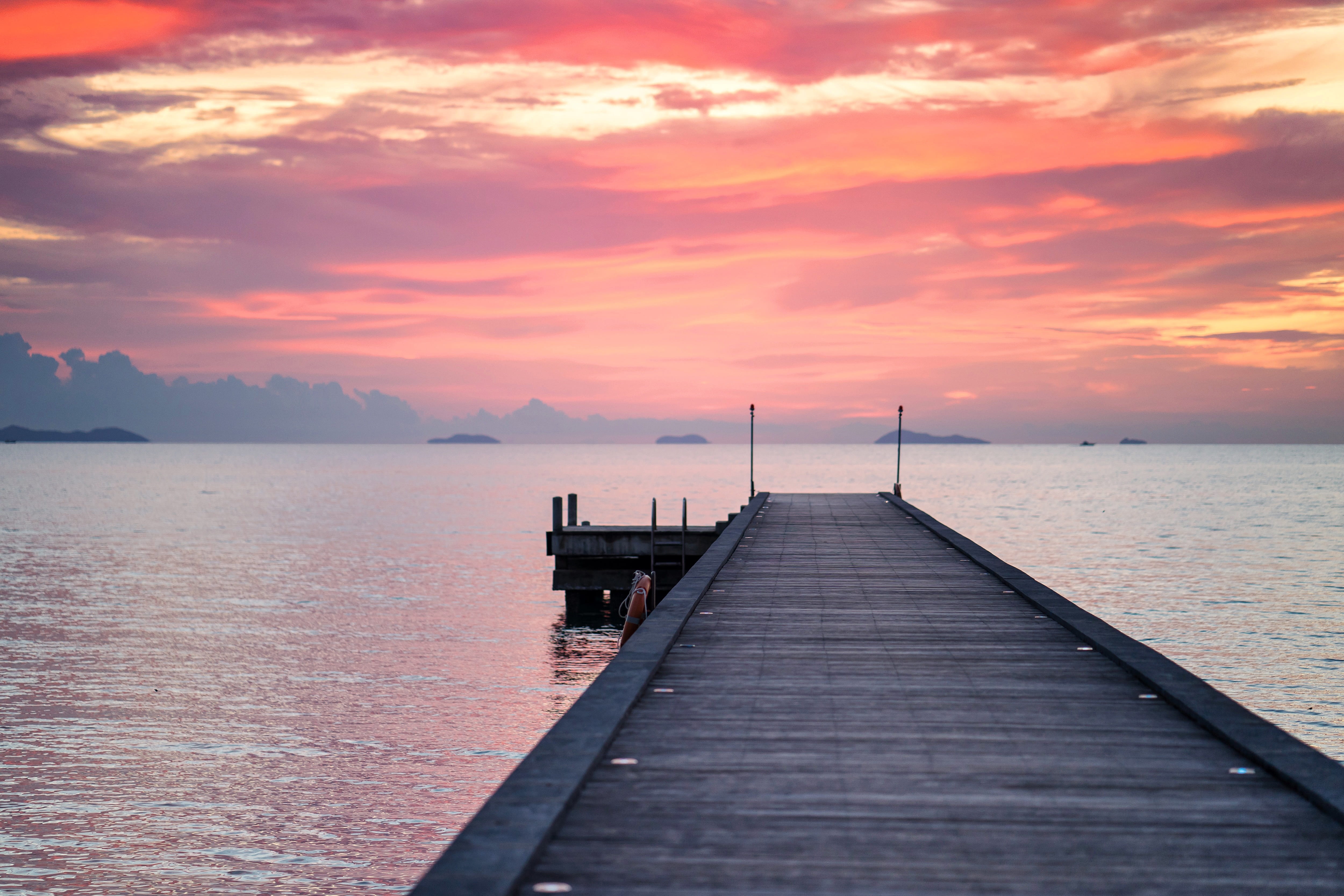 horizontal, outdoor, destination, sunset, tranquility, silhouette, wood - material, ocean, mediation, vacation, non-urban scene, the way forward, sea, wood paneling, HD Wallpaper