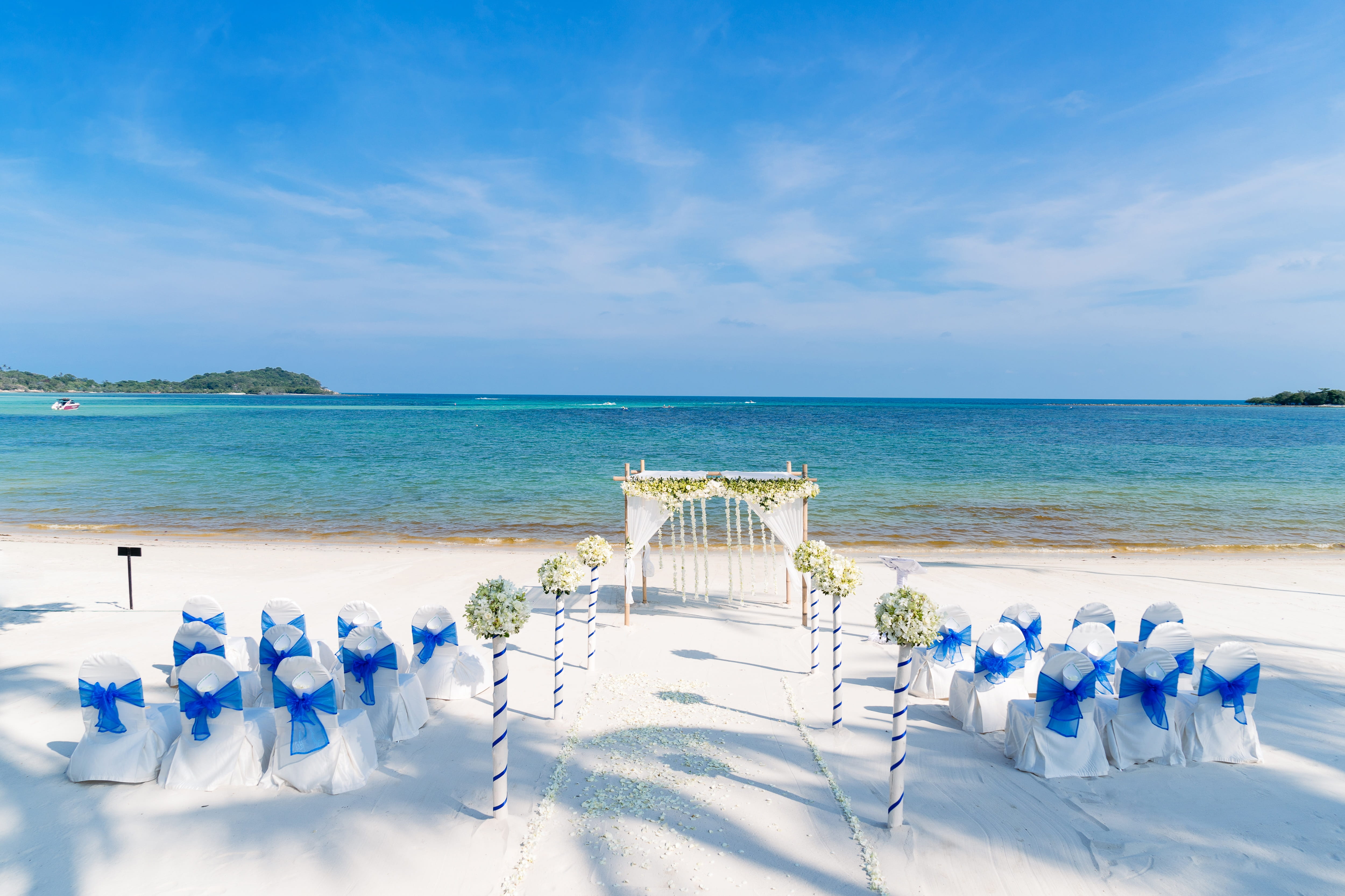 paradise, banquet, wedding, thailand, chair, sunset, tropical, island, outdoor, love, clear, chairs, destination, blue, summer, land, floral, horizon, day, HD Wallpaper