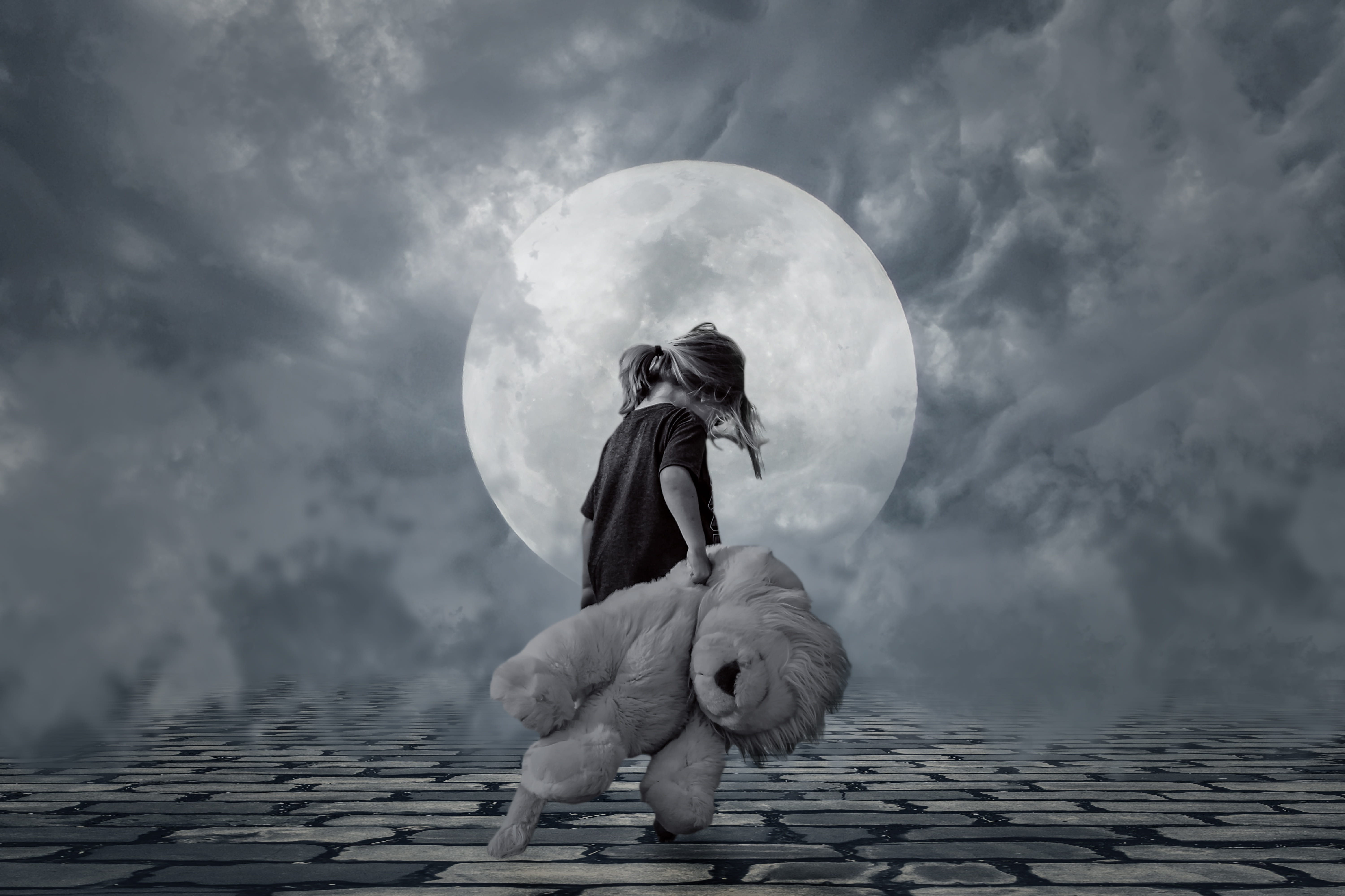 motion, not tired, people, nature, good night, outdoors, adult, standing, moonlight, girl, sky, composing, photo montage, plush, full moon, real people, HD Wallpaper