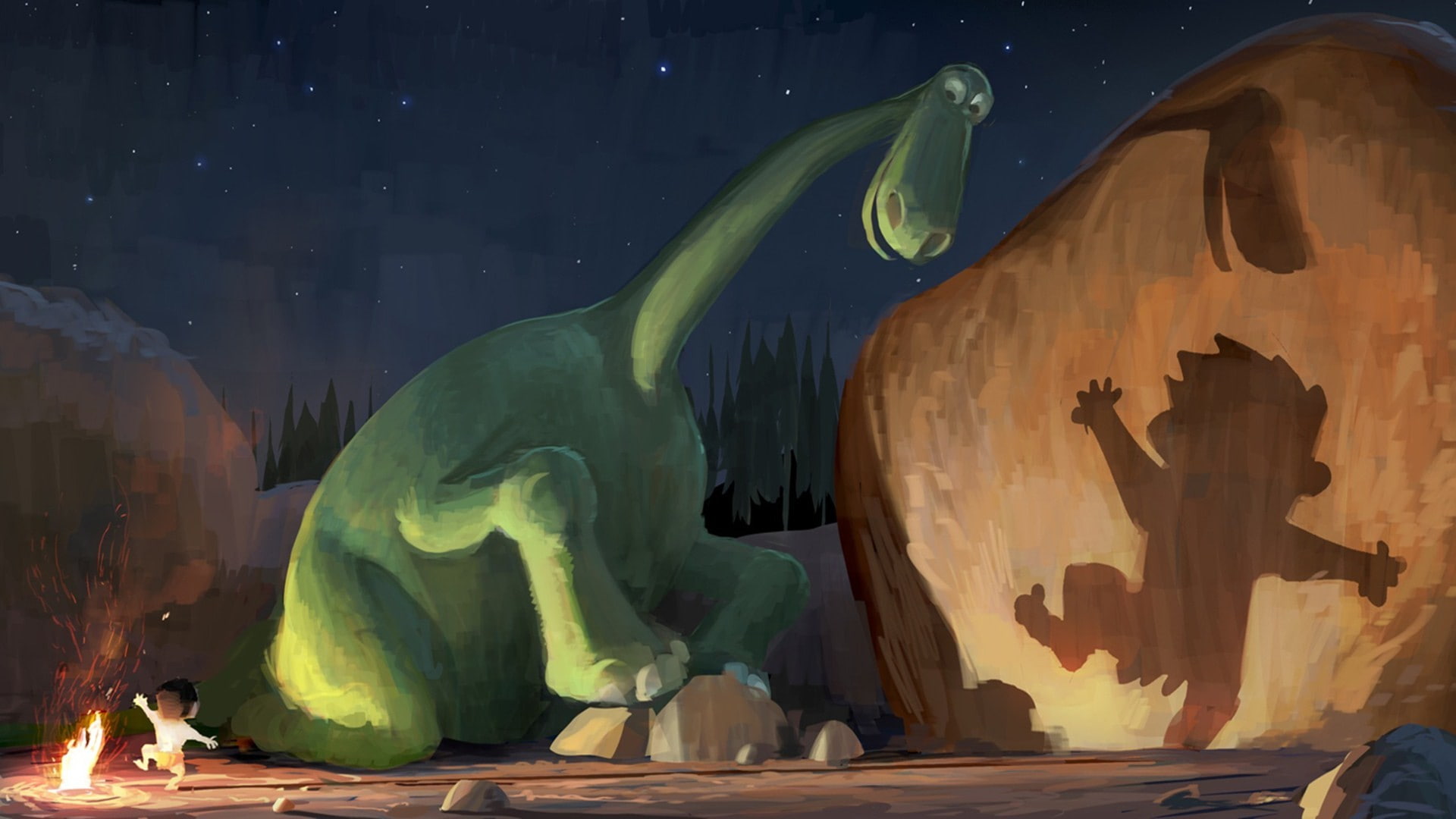 night, 1080P, shadow, The Good Dinosaur, fire, nature, animals, digital art, dancing, stones, Pixar Animation Studios, stars, dinosaurs, HD Wallpaper