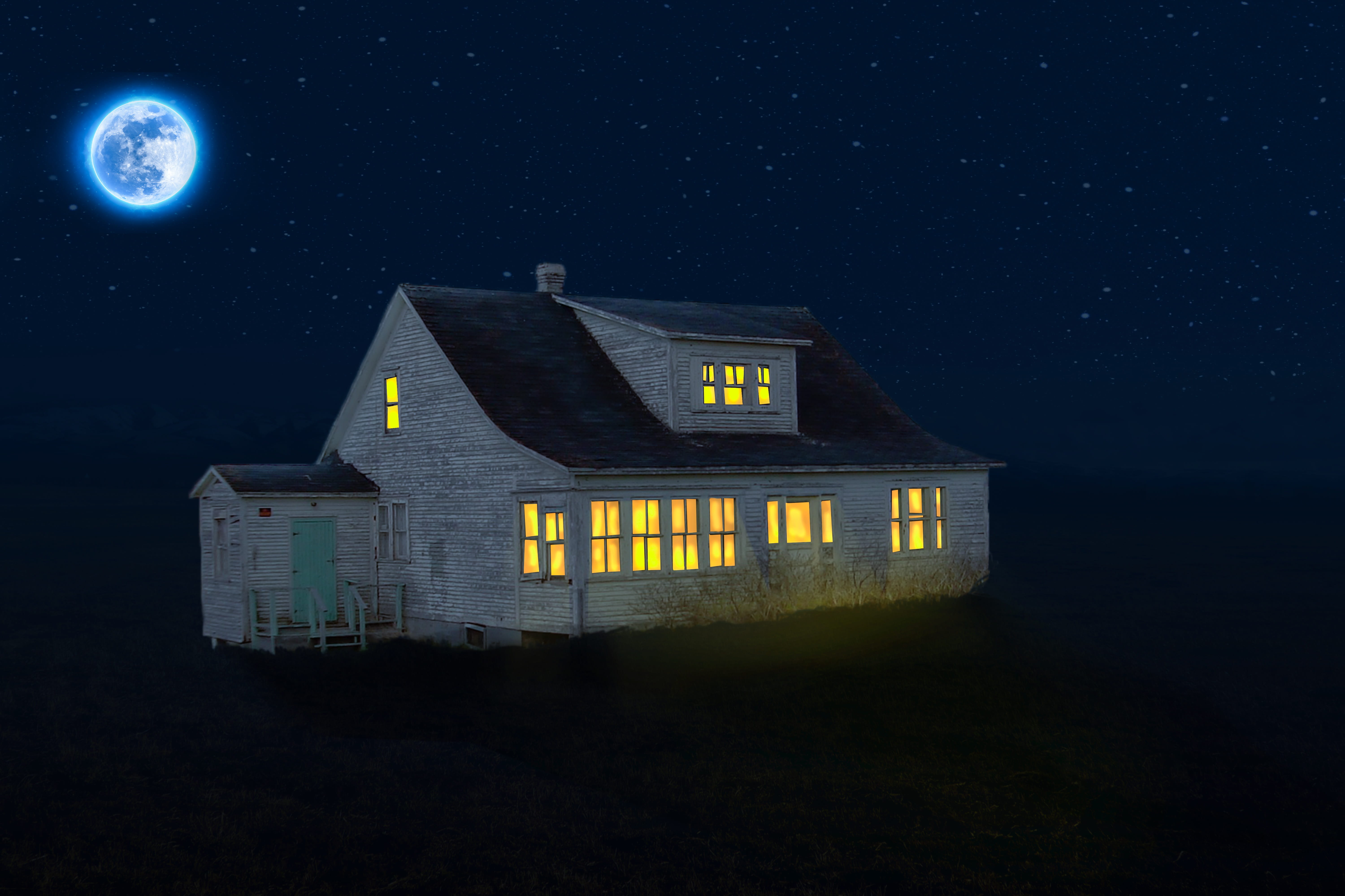 landscape, moon, space, gray, building, old house, no people, full moon, outdoors, coziness, meadow, galaxy, architecture, astronomy, night, wooden, built structure, HD Wallpaper