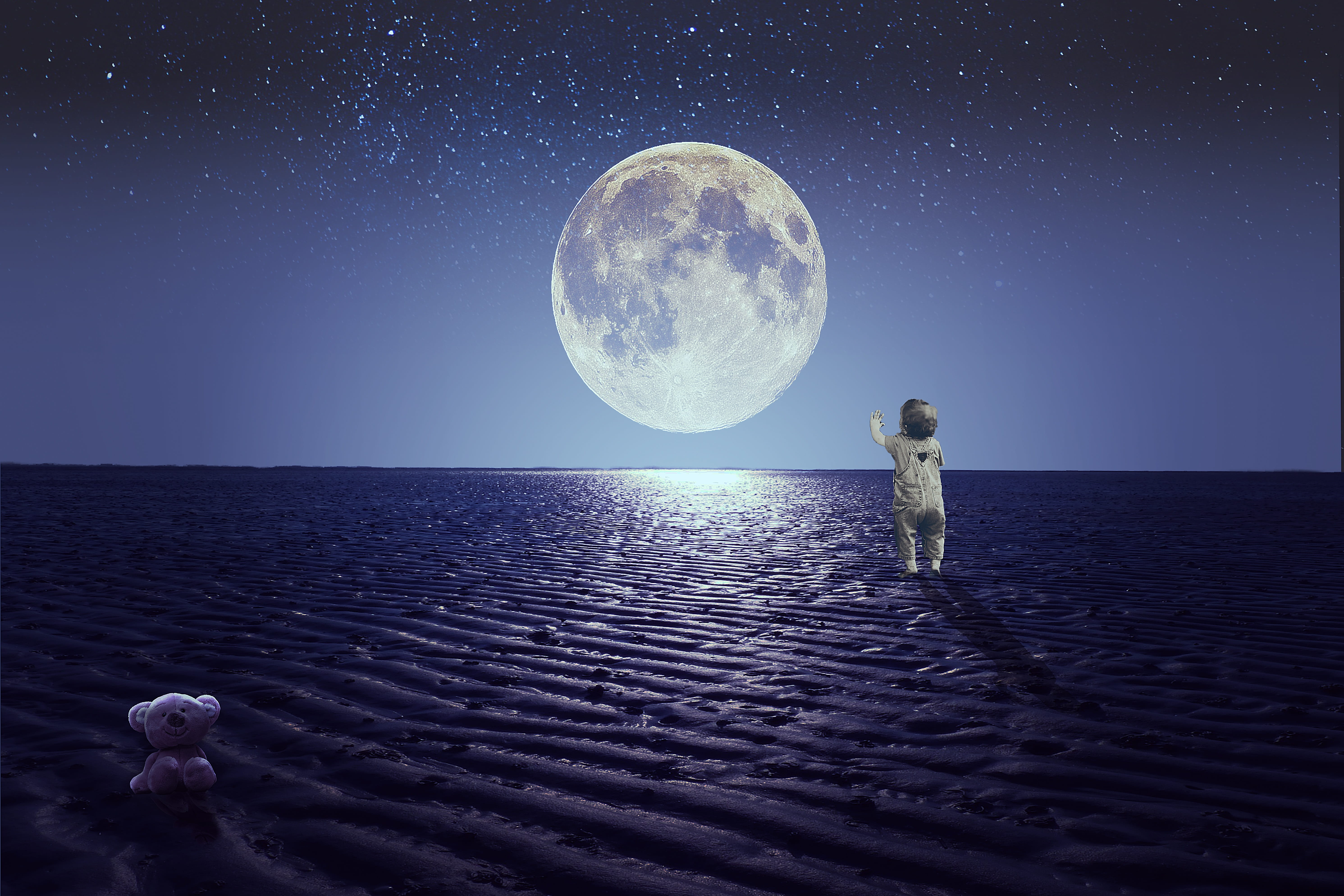 nature, teddy bear, space, sky, full length, planet - space, moon, little boy, star, surreal, mood, discovery, mystery, fantasy, astronomy, star - space, HD Wallpaper